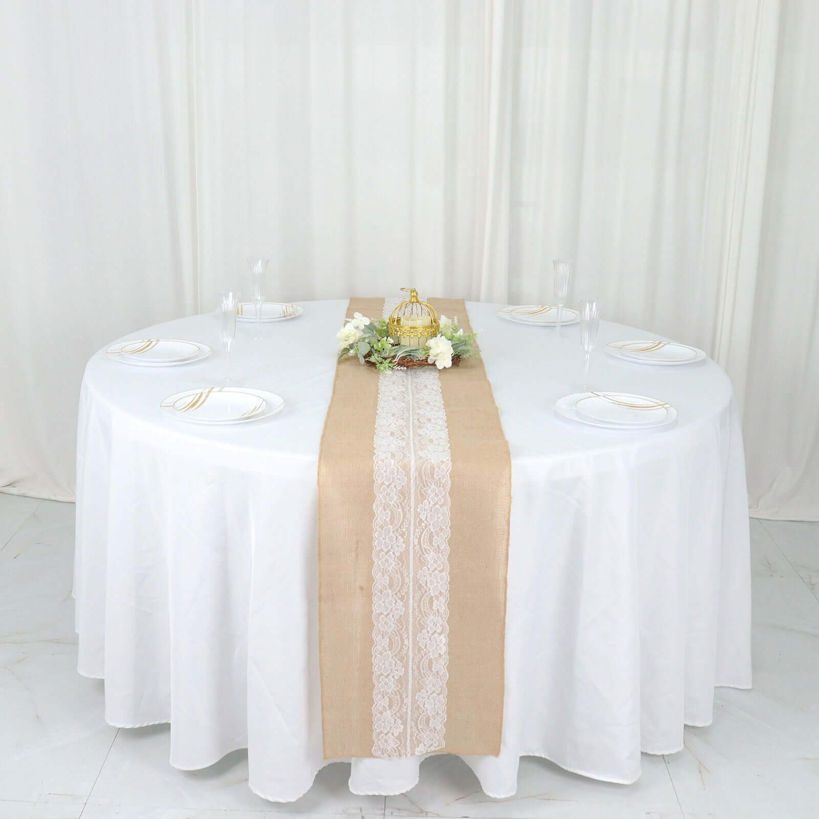 Burlap Jute 14"x106" Table Runner Natural With White Middle Lace - Rustic Vintage Tabletop Decor Runners HIER_2360