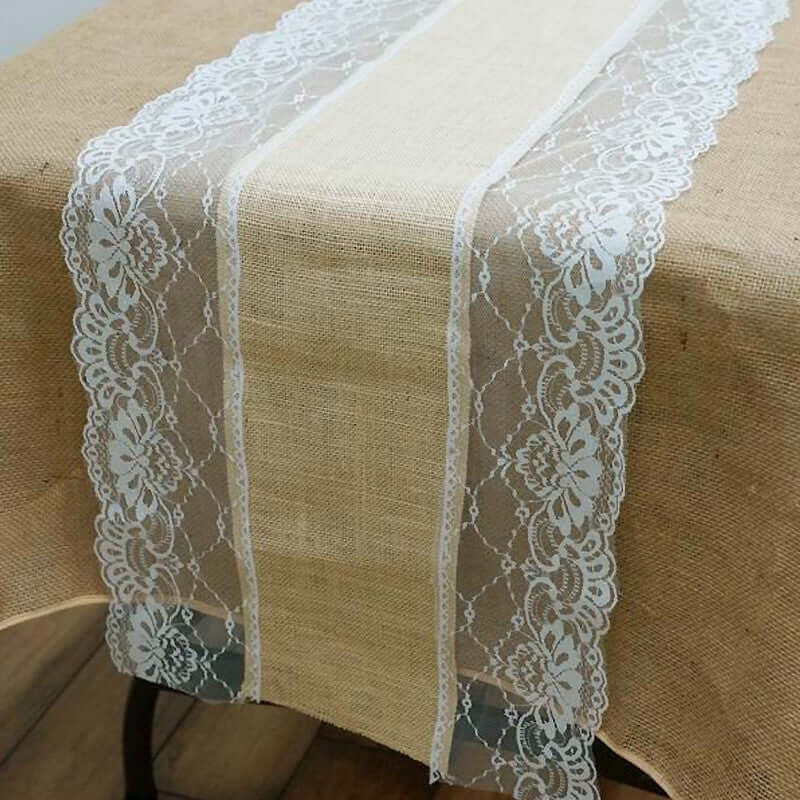 Burlap Jute 16"x108" Table Runner Natural With White Lace Edges - Rustic Vintage Tabletop Decor Runners HIER_2360