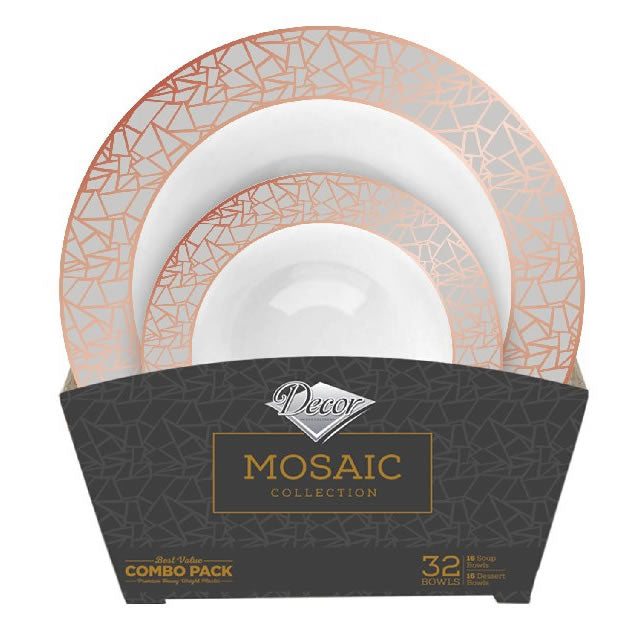 32 Piece Combo Pack Rose Gold and Silver Round Plastic Bowls Value Set (16 Servings) - Mosaic
