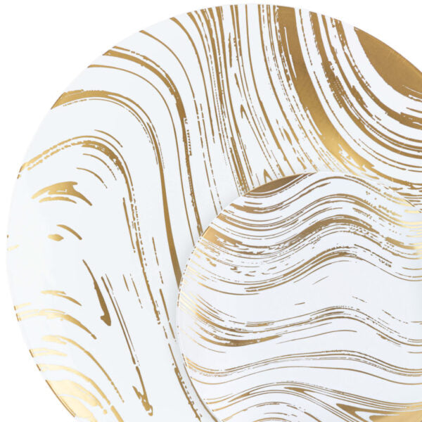 32 Pack White and Gold Round Plastic Dinnerware Set (16 Guests) - Curve