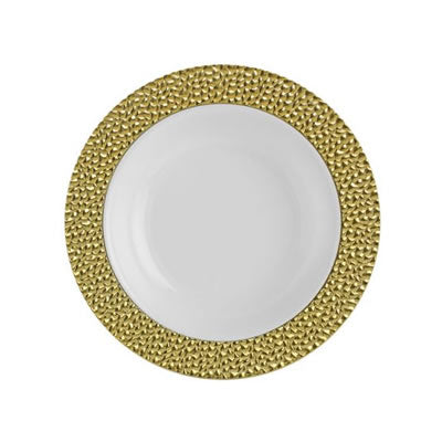 White and Gold Round Plastic Plates - Hammered