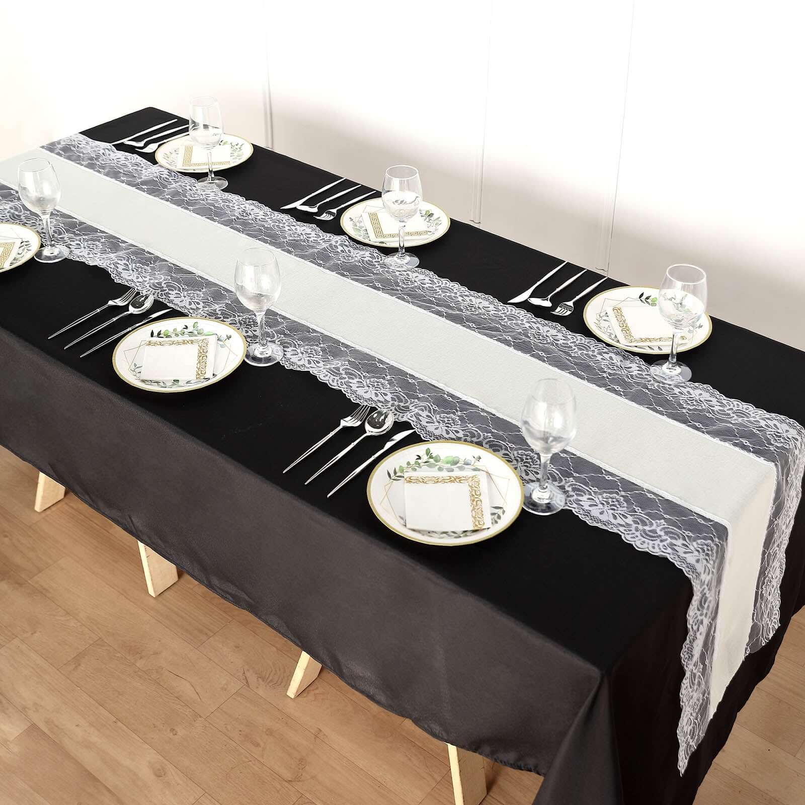 Faux Burlap Jute 16"x108" Table Runner Ivory With White Lace Edging - Rustic Farmhouse Table Linen Runners HIER_2360