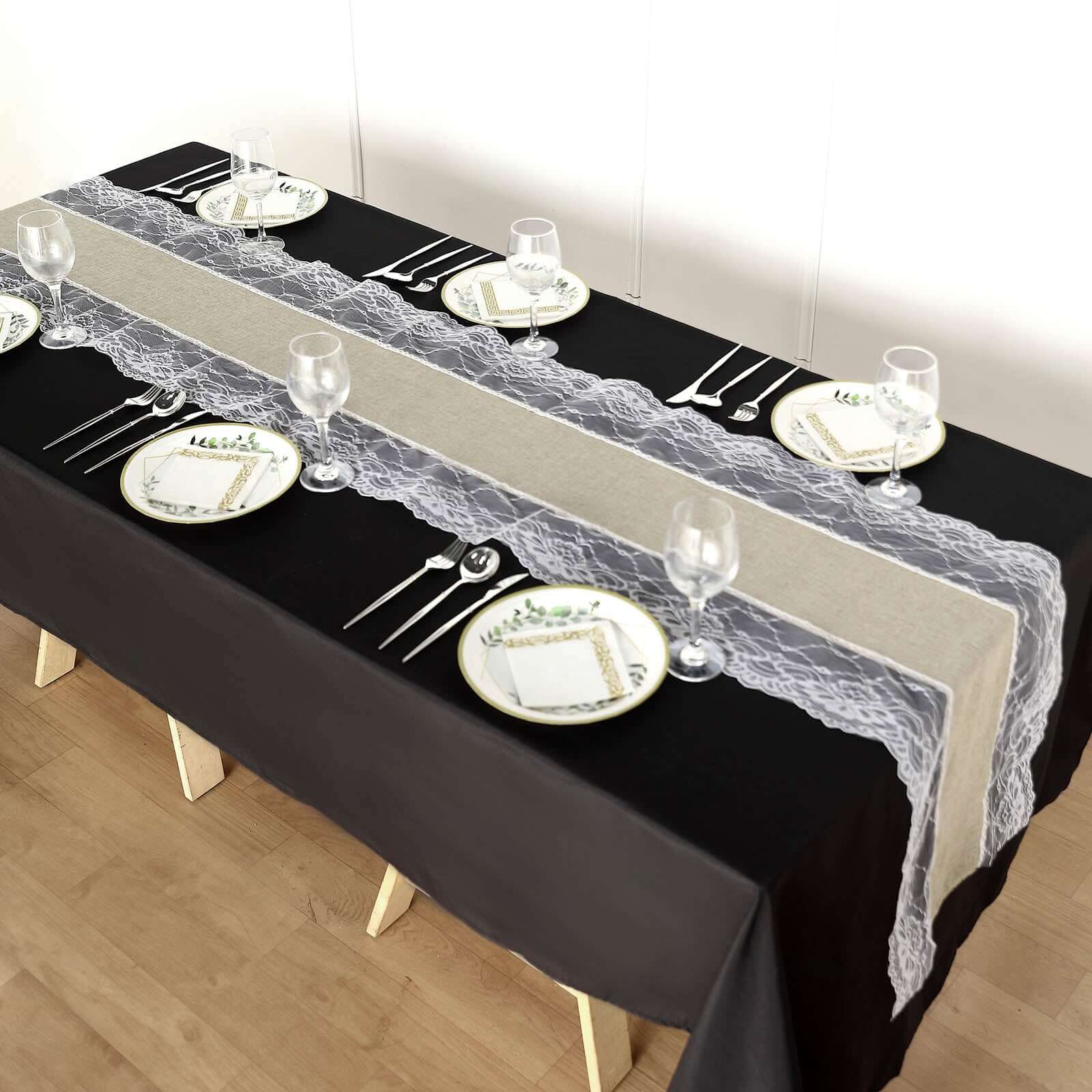 Faux Burlap Jute 16"x108" Table Runner Taupe With White Lace Edging - Rustic Farmhouse Table Linen Runners HIER_2360