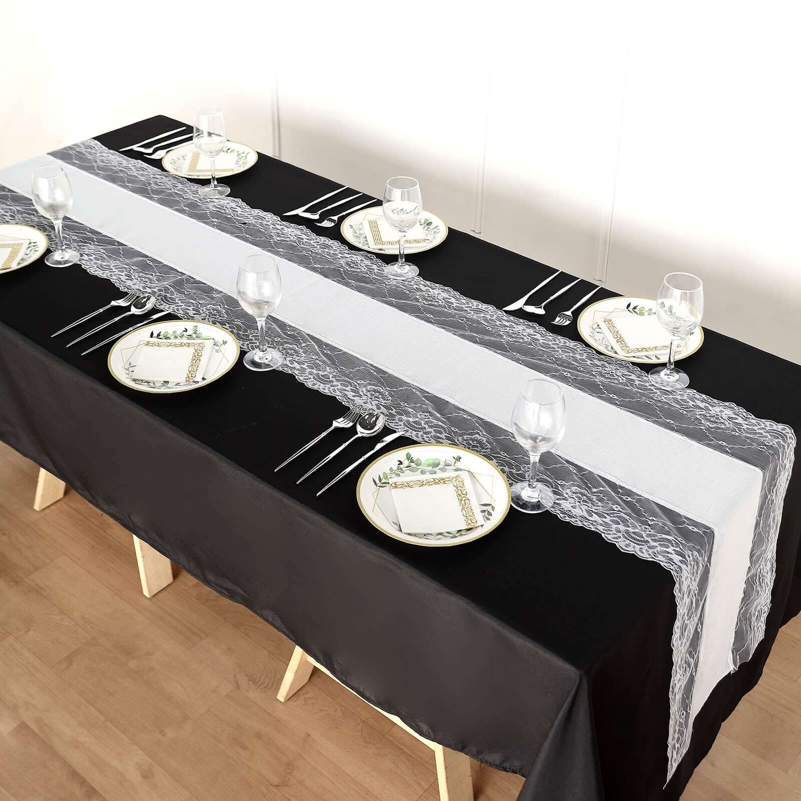 Faux Burlap Jute 16"x108" Table Runner White With Lace Edging - Rustic Farmhouse Table Linen Runners HIER_2360