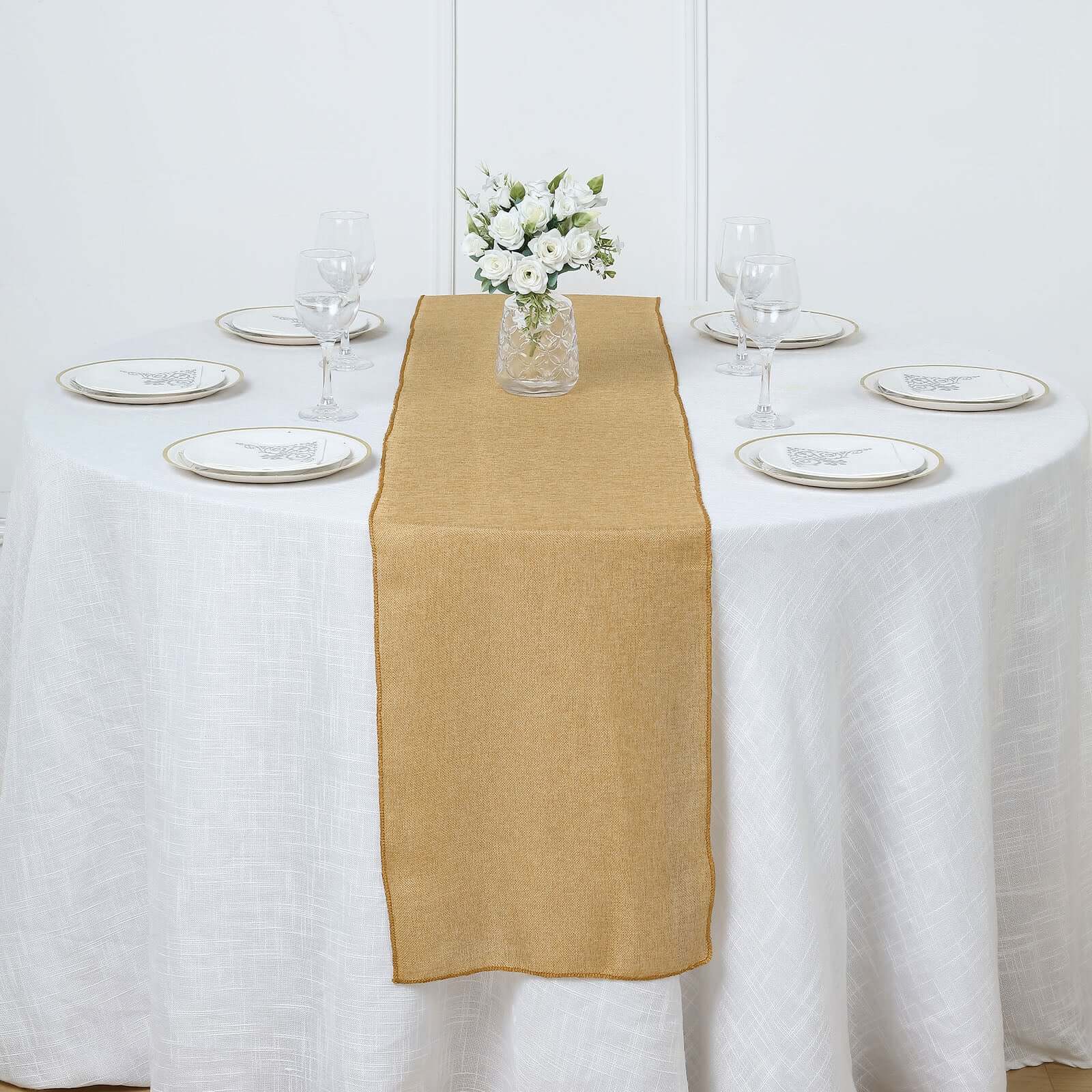 Faux Linen 14"x108" Table Runner Gold - Rustic Farmhouse Tabletop Decor Runners HIER_2360