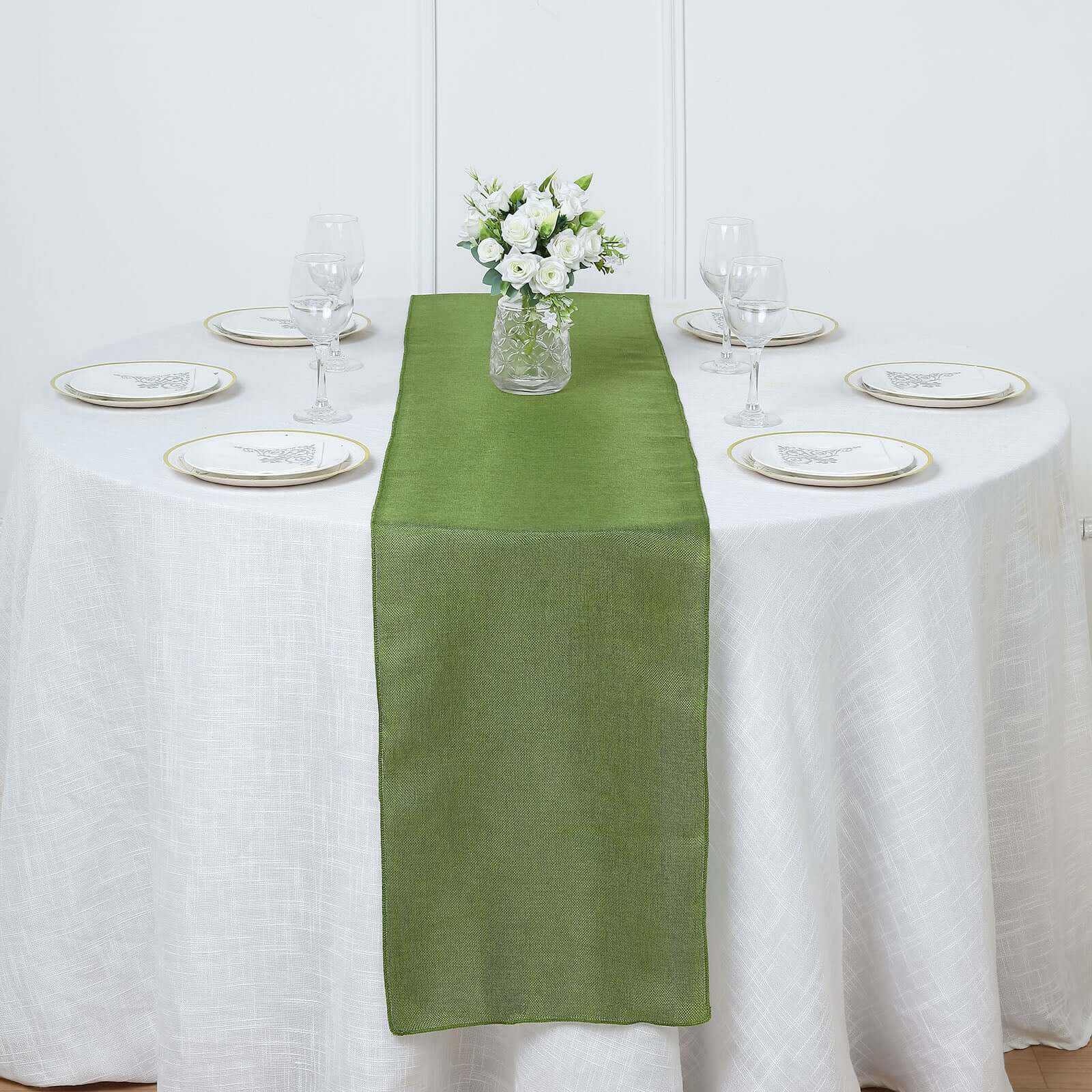 Faux Linen 14"x108" Table Runner Moss Green - Rustic Style Table Decor Runners HIER_2360