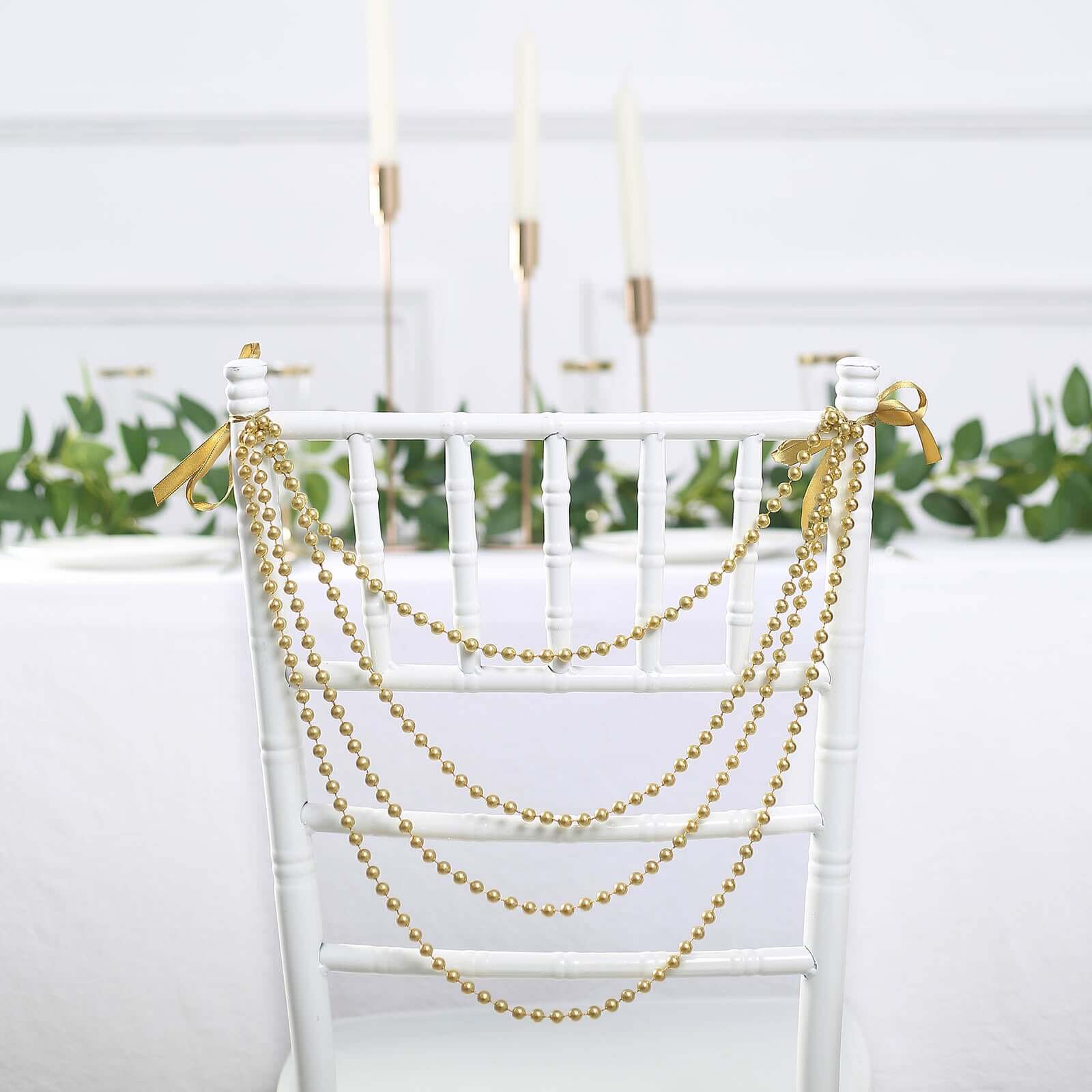 Faux Pearl Beaded 16" Chair Back Garland Sash Gold Gatsby-Inspired Style - Pre-Tied Chic Wedding Decor for Chiavari Chairs Decorations HIER_3420