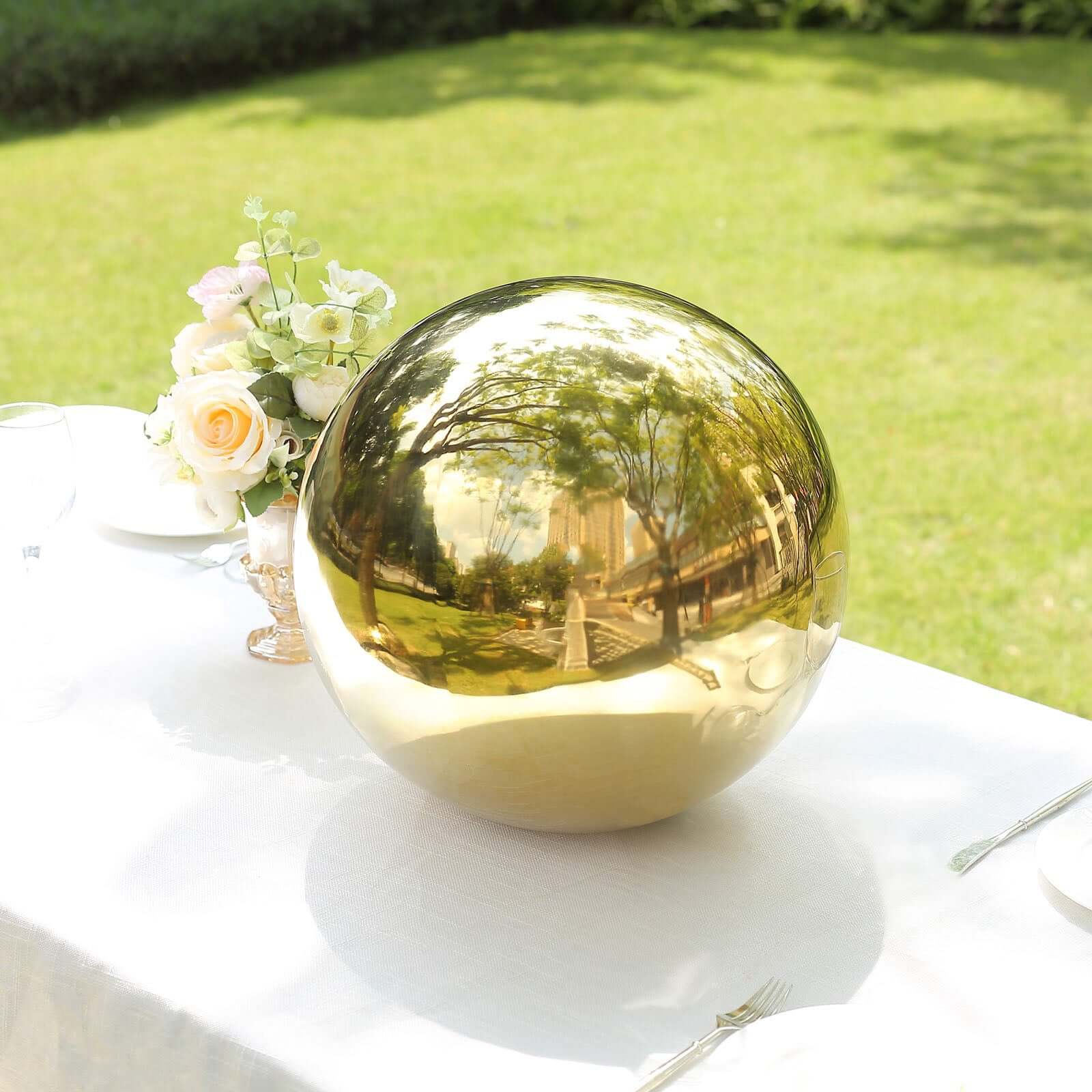 Gazing Globe Mirror Ball Reflective Hollow Stainless Steel Gold Sphere - Decorative Garden Display Piece 16" Decorations HIER_9900