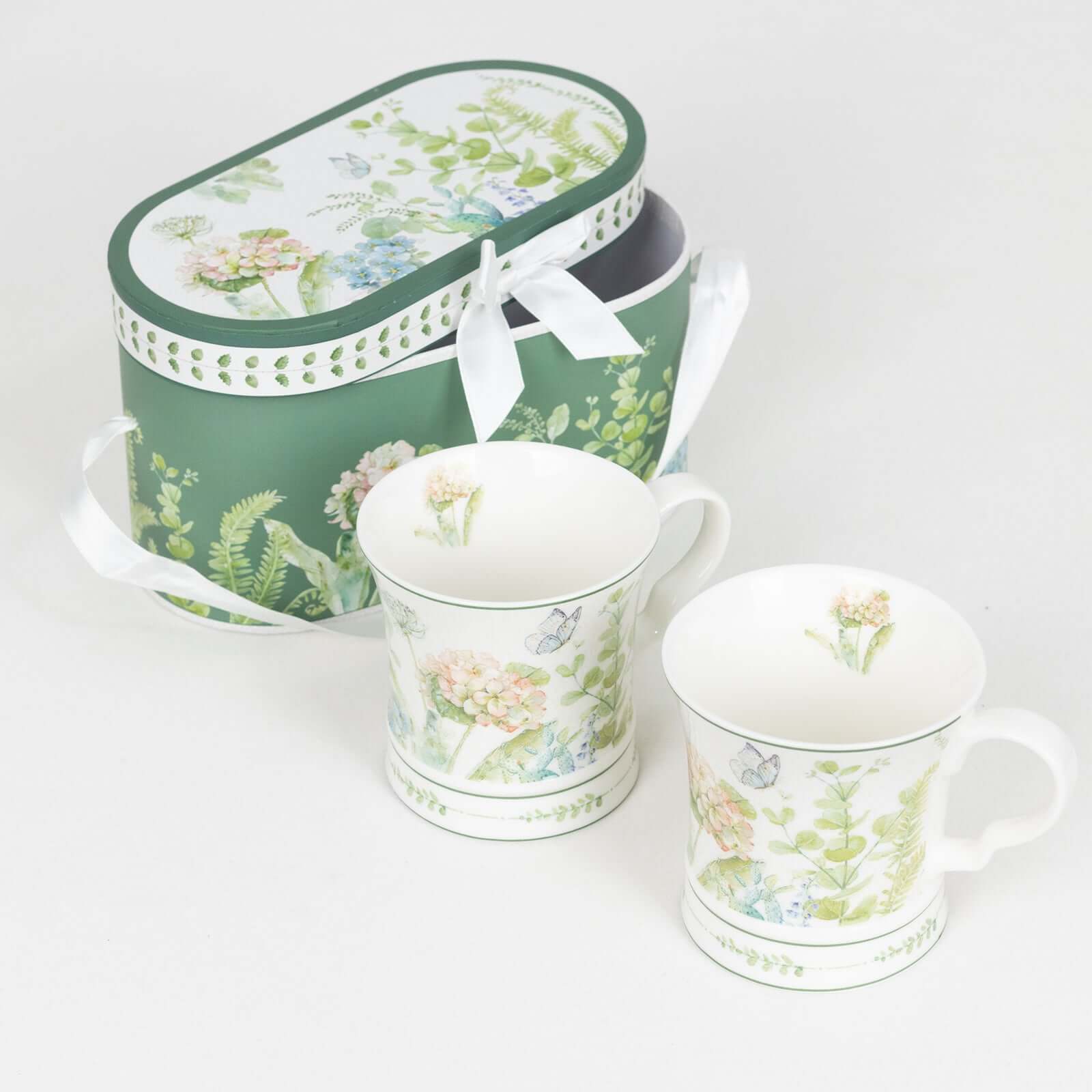 Greenery Theme Bridal Shower Gift Set, 2 Pack Porcelain Tea Cups With Matching Keepsake Gift Box and Satin Ribbon Handle Decorations HIER_9750