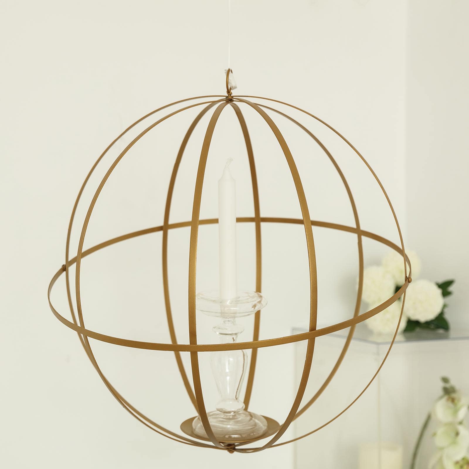 Hanging Sphere Candle Holder Gold Wrought Iron Open Frame Floral Display - Centerpiece Ball 12" Centerpieces HIER_7320