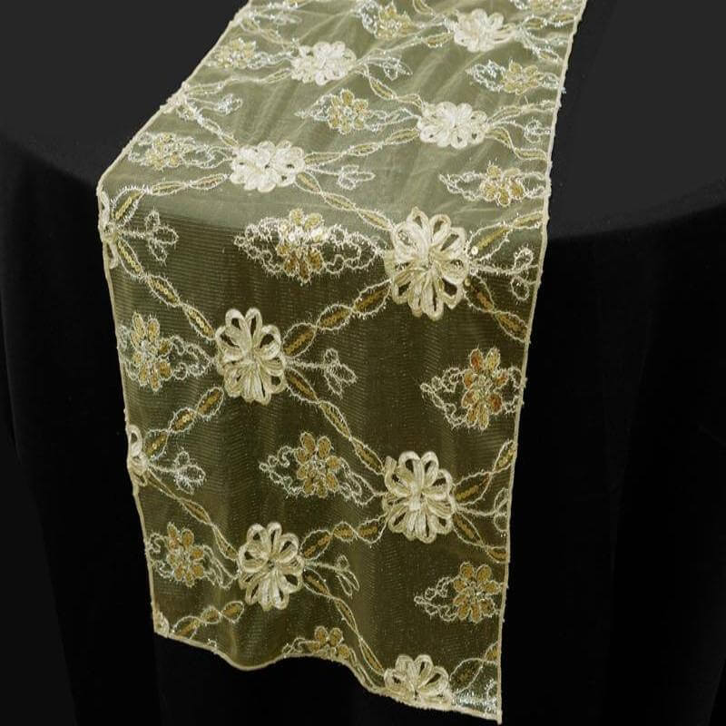 Lace Netting 14"x108" Table Runner Champagne Satin Floral Embellishments - Chic Vintage Table Decor Runners HIER_2360