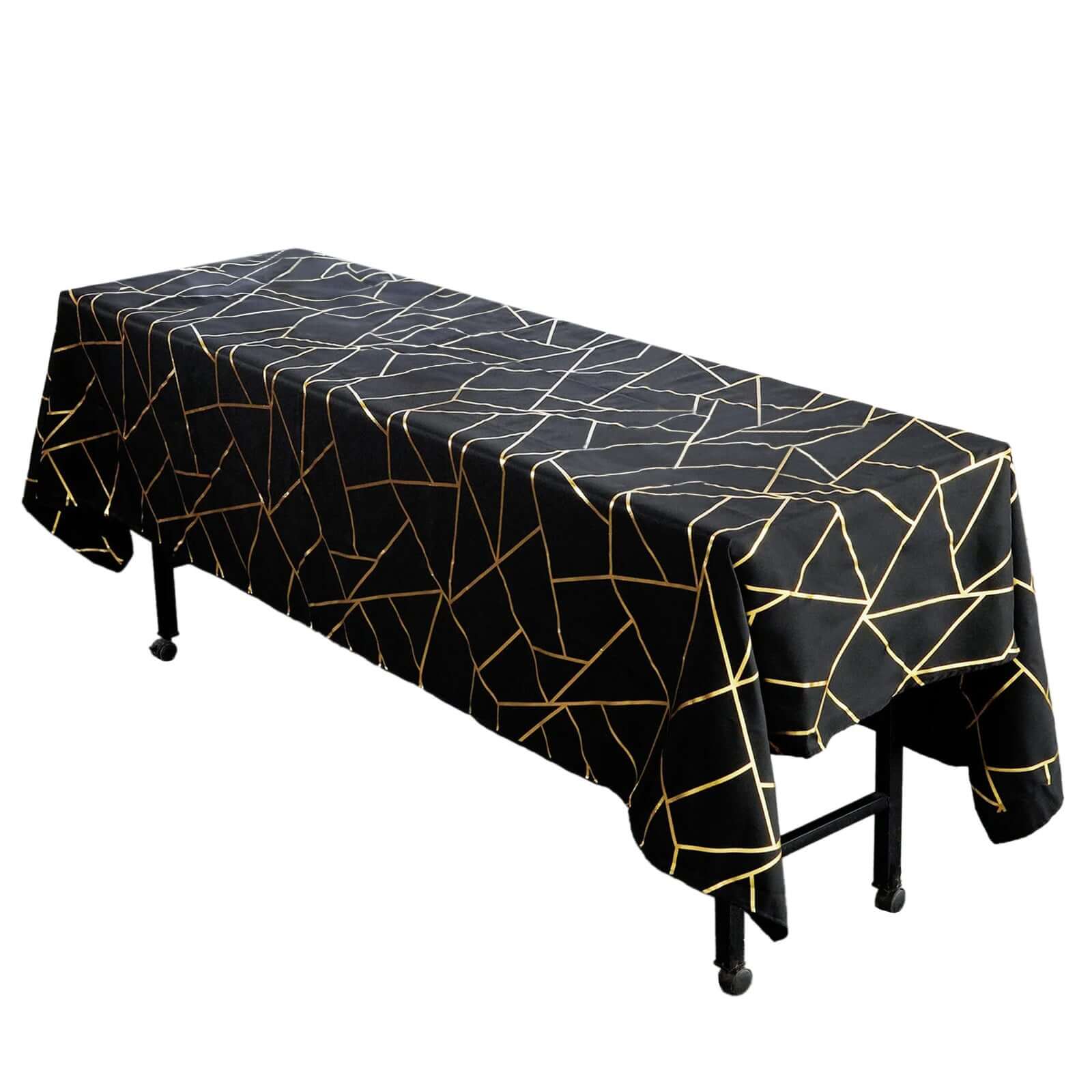 Polyester 60"x102" Rectangle Tablecloth Black with Gold Foil Geometric Pattern - Wrinkle-Resistant & Durable Table Cover Tablecloths HIER_2114