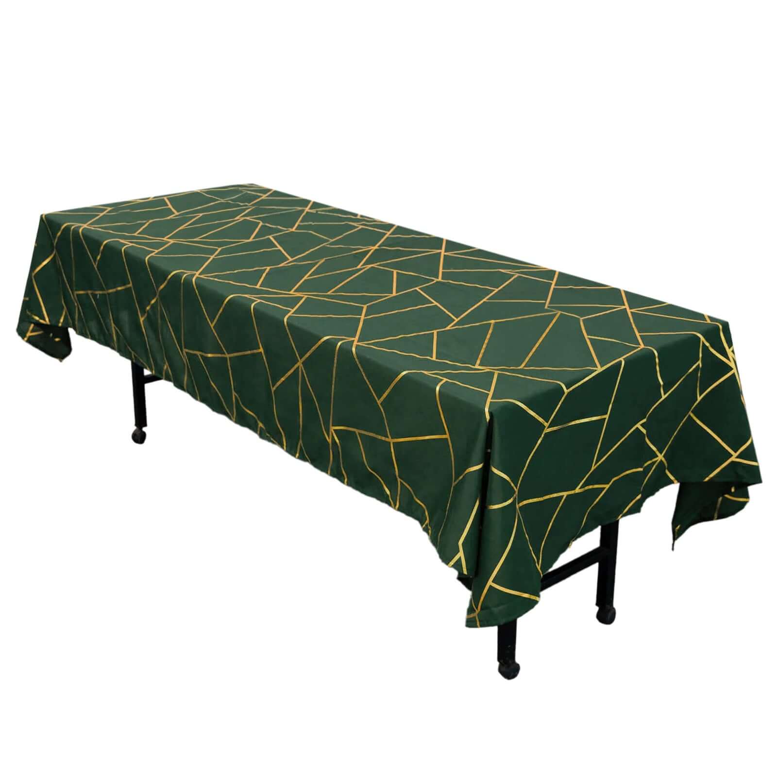 Polyester 60"x102" Rectangle Tablecloth Hunter Emerald Green with Gold Foil Geometric Pattern - Wrinkle-Resistant & Durable Table Cover Tablecloths HIER_2114