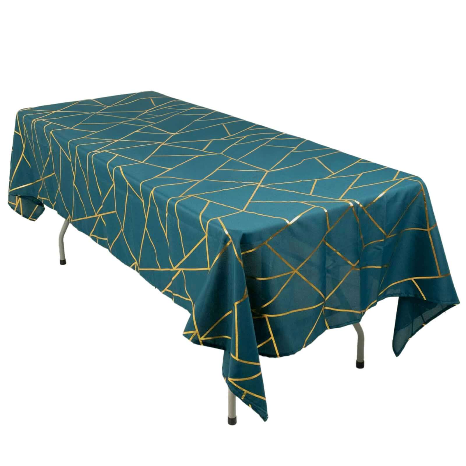 Polyester 60"x102" Rectangle Tablecloth Peacock Teal with Gold Foil Geometric Pattern - Wrinkle-Resistant & Durable Table Cover Tablecloths HIER_2114