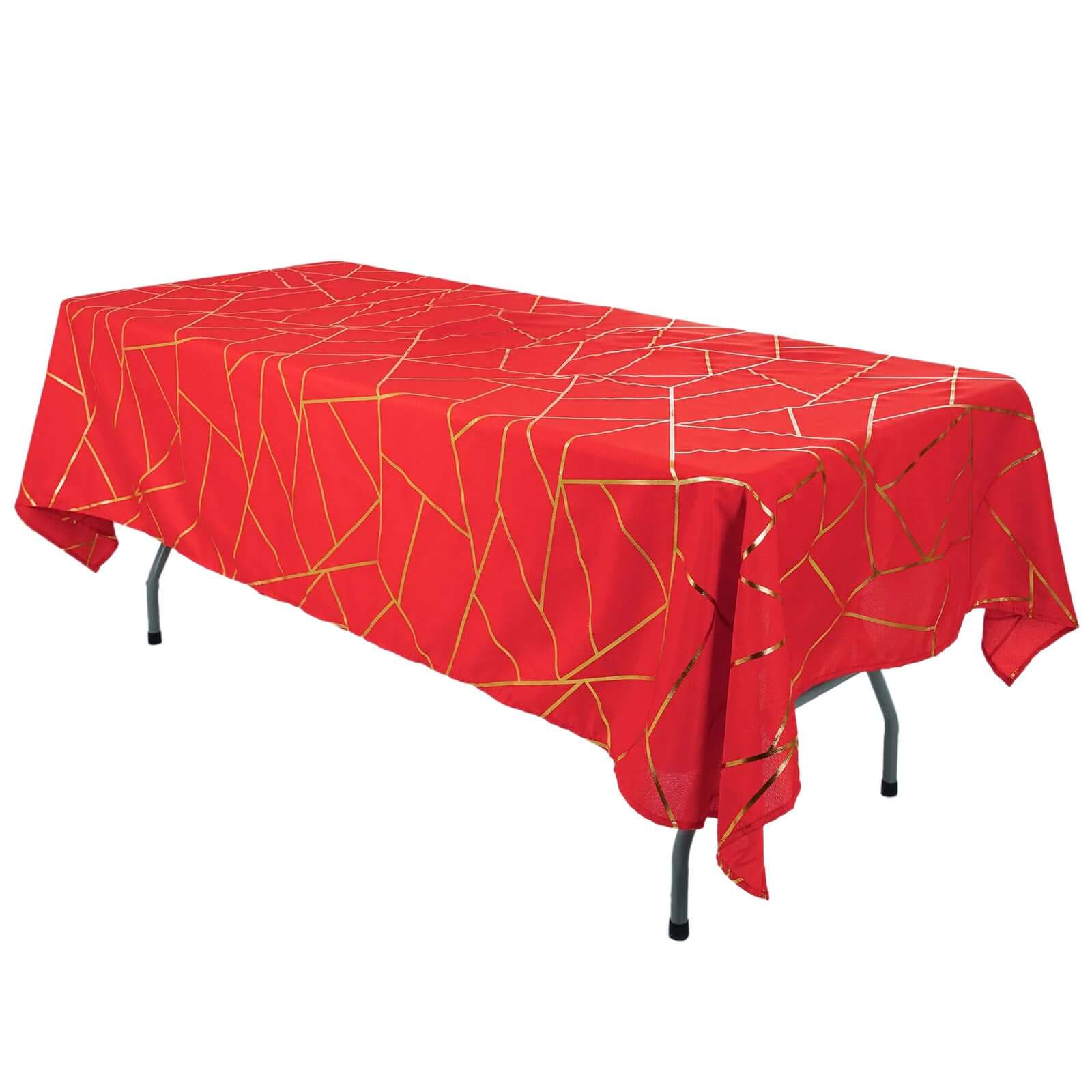 Polyester 60"x102" Rectangle Tablecloth Red with Gold Foil Geometric Pattern - Wrinkle-Resistant & Durable Table Cover Tablecloths HIER_2114