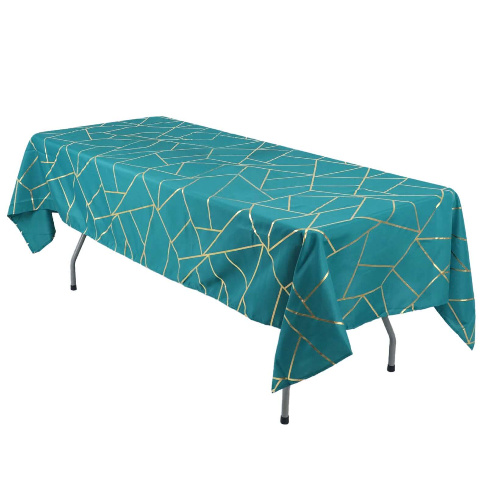Polyester 60"x102" Rectangle Tablecloth Teal with Gold Foil Geometric Pattern - Wrinkle-Resistant & Durable Table Cover Tablecloths HIER_2114