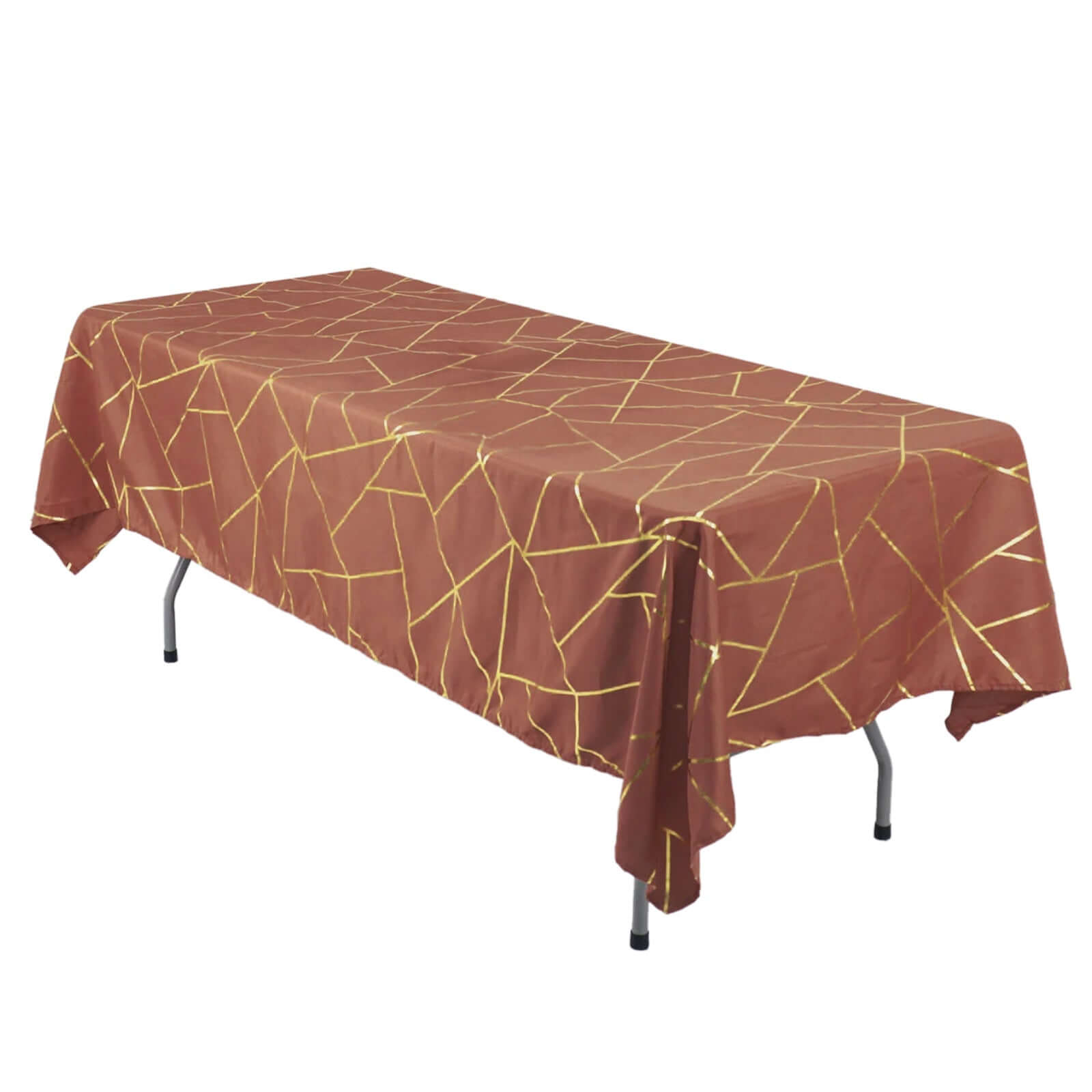 Polyester 60"x102" Rectangle Tablecloth Terracotta (Rust) with Gold Foil Geometric Pattern - Wrinkle-Resistant & Durable Table Cover Tablecloths HIER_2114