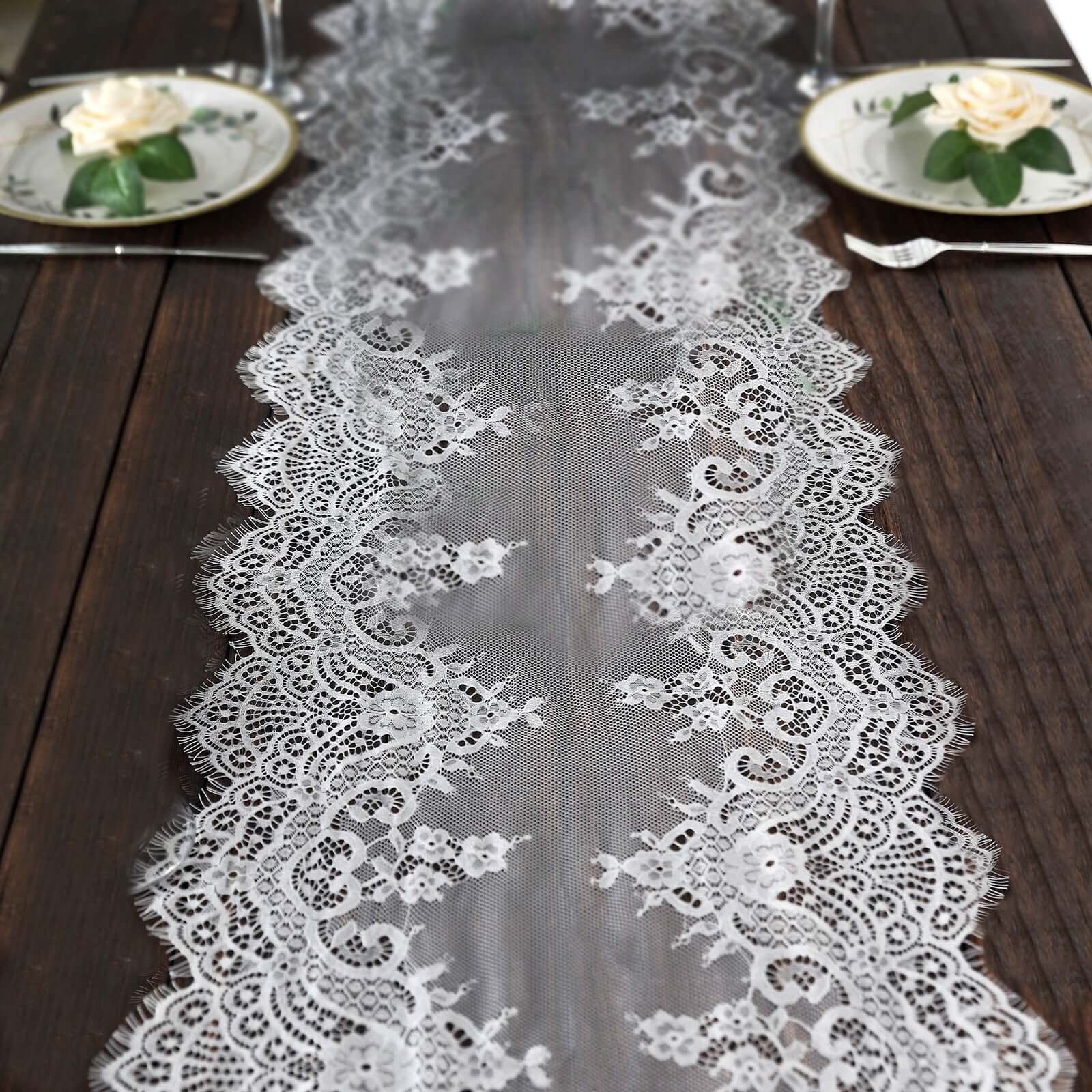 Premium Lace Fabric 15"x117" Table Runner White with Scalloped Frill Edges - Vintage Classic Table Decor Runners HIER_2360