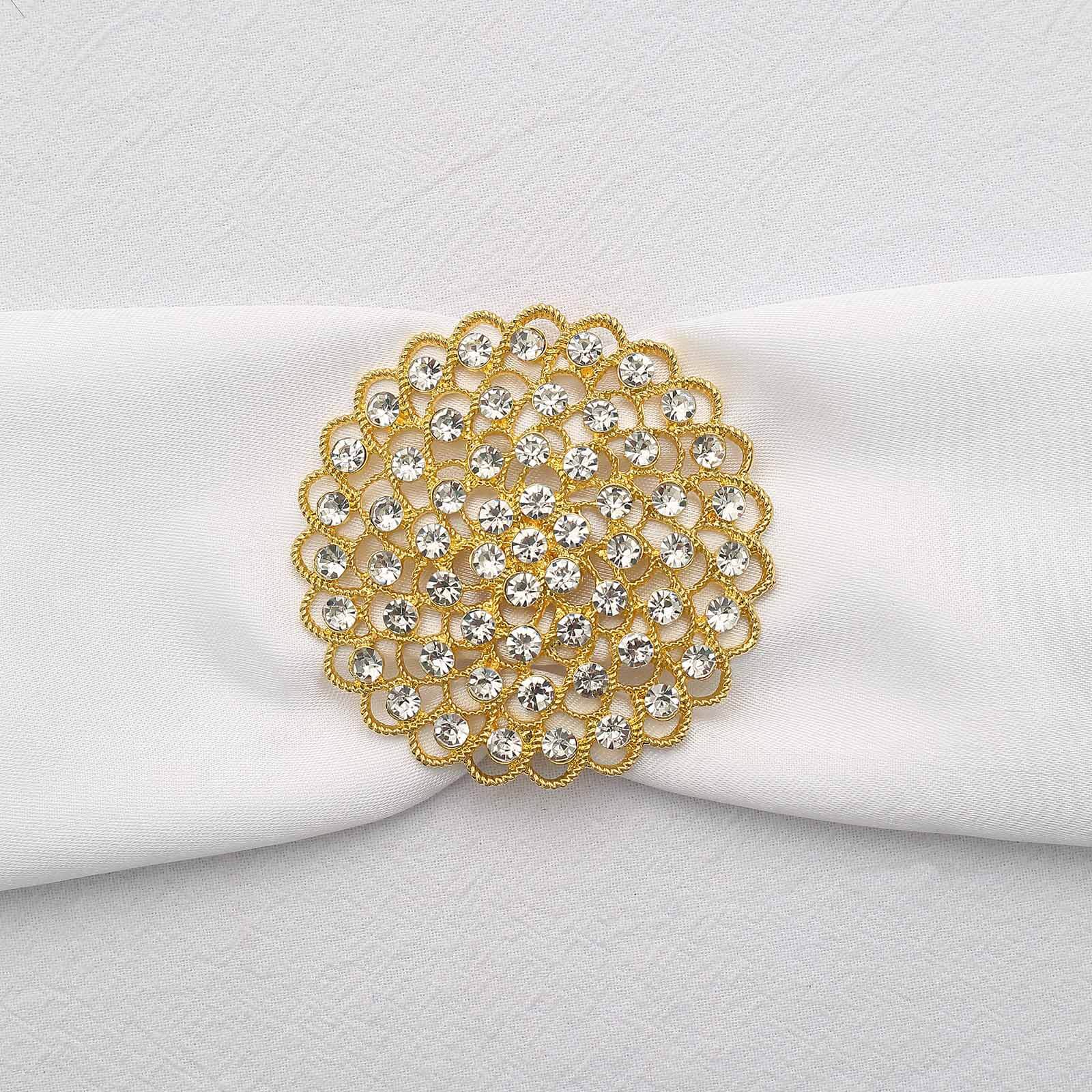 Rhinestone Metal Flower Chair Sash Band Buckle Gold - Glittering Diamond Accent for Weddings & Celebrations 3" Decorations HIER_3360