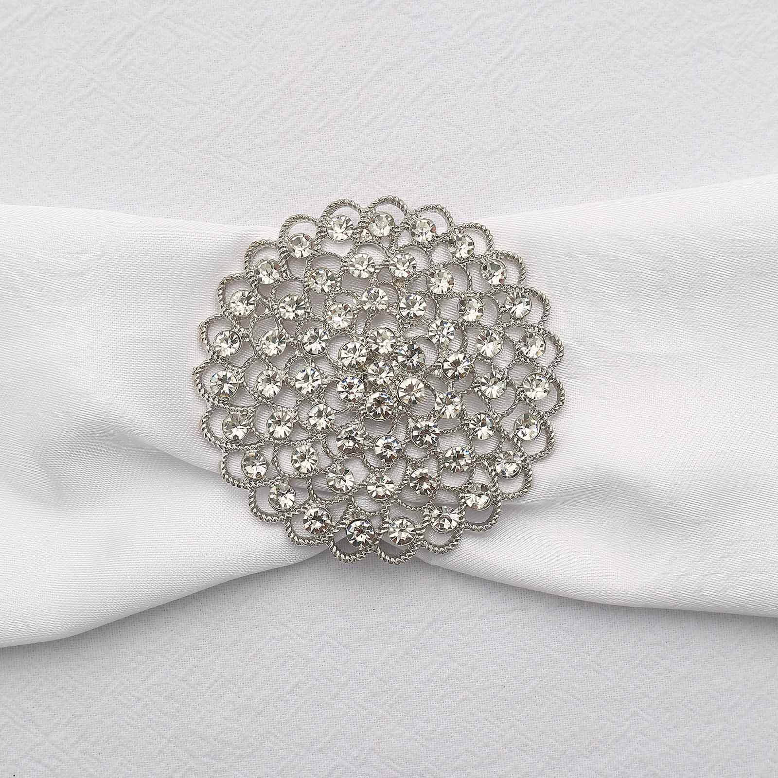 Rhinestone Metal Flower Chair Sash Band Buckle Silver - Glittering Diamond Accent 3" Decorations HIER_3360
