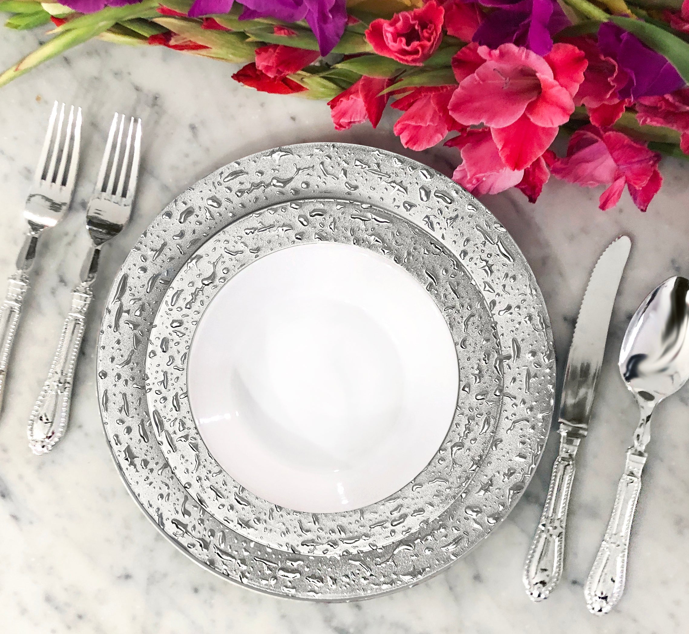 White and Silver Round Plastic Plates - Ros'ee