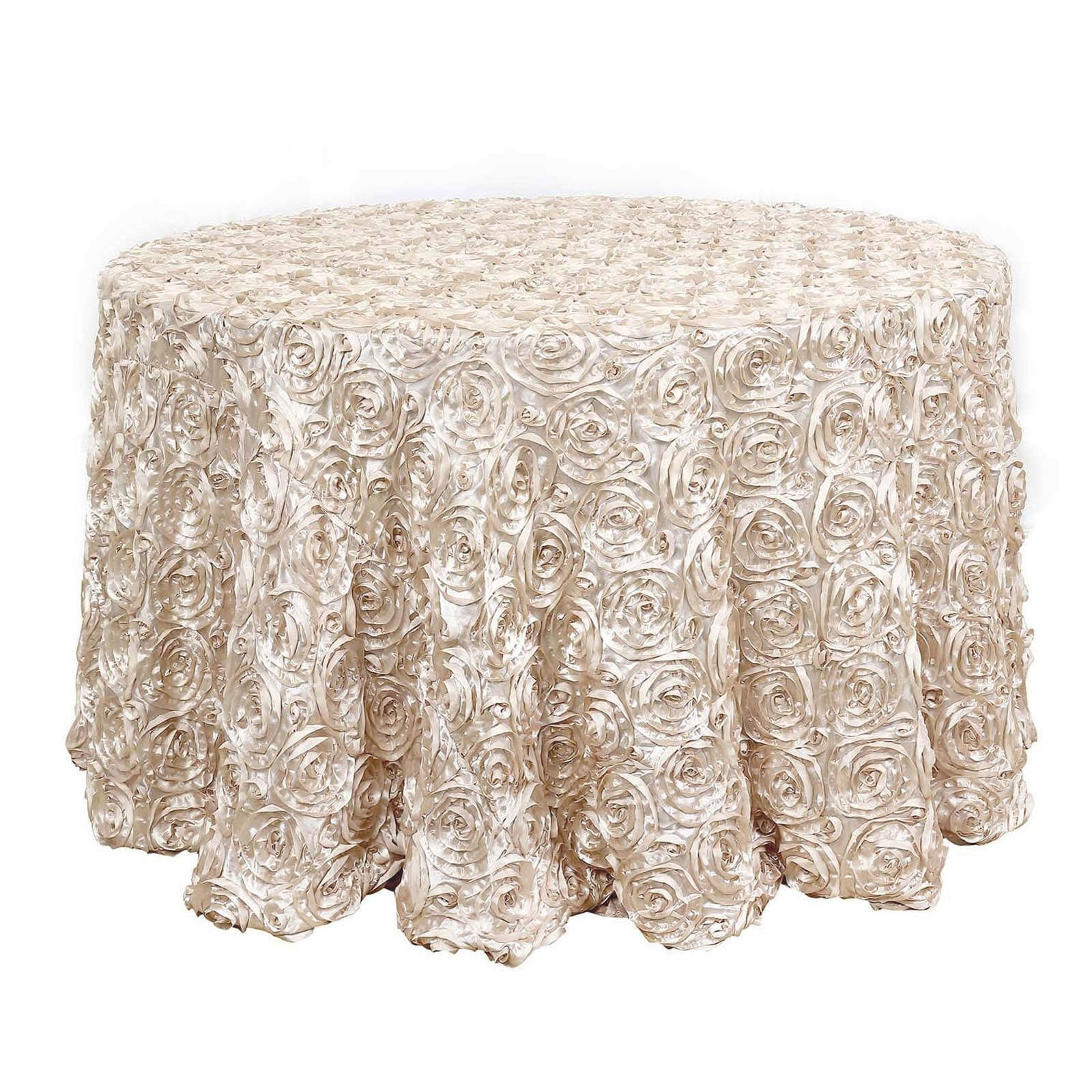 Satin 120" Round Tablecloth Beige - Grandiose 3D Rosette with Seamless Finish Table Cover Tablecloths HIER_2141