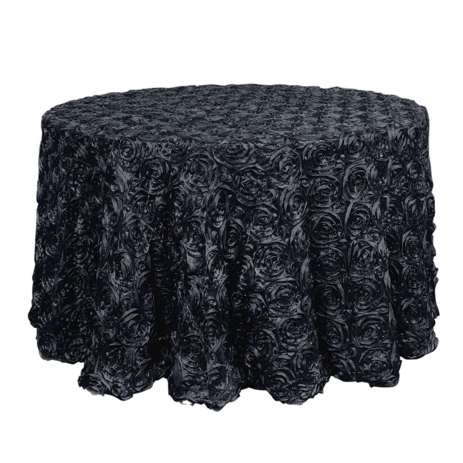 Satin 120" Round Tablecloth Black - Grandiose 3D Rosette with Seamless Finish Table Cover Tablecloths HIER_2141