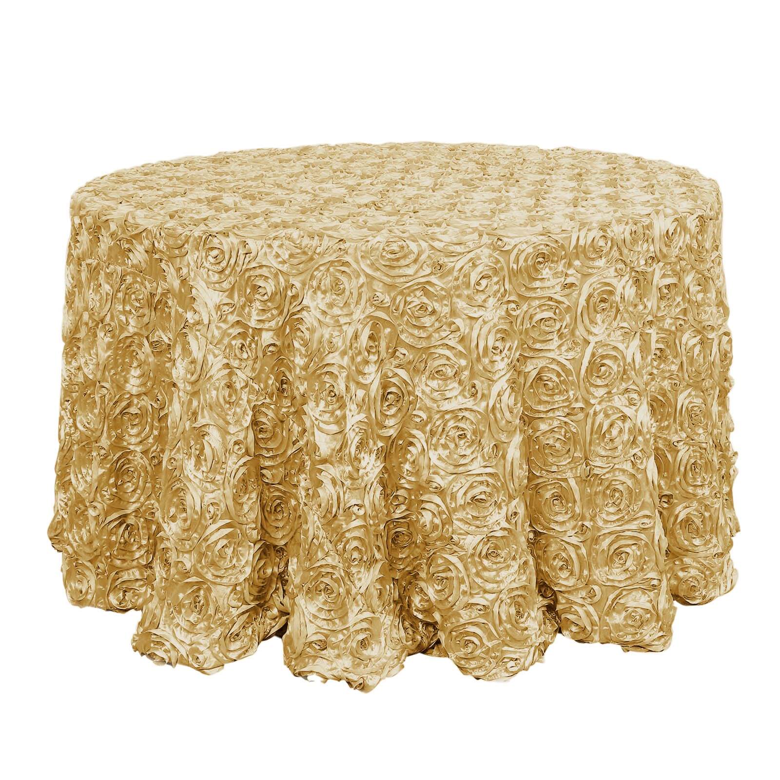 Satin 120" Round Tablecloth Champagne - Grandiose 3D Rosette with Seamless Finish Table Cover Tablecloths HIER_2141