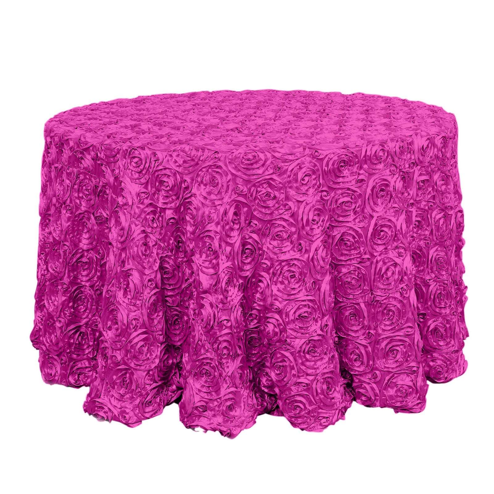 Satin 120" Round Tablecloth Fuchsia - Grandiose 3D Rosette with Seamless Finish Table Cover Tablecloths HIER_2141