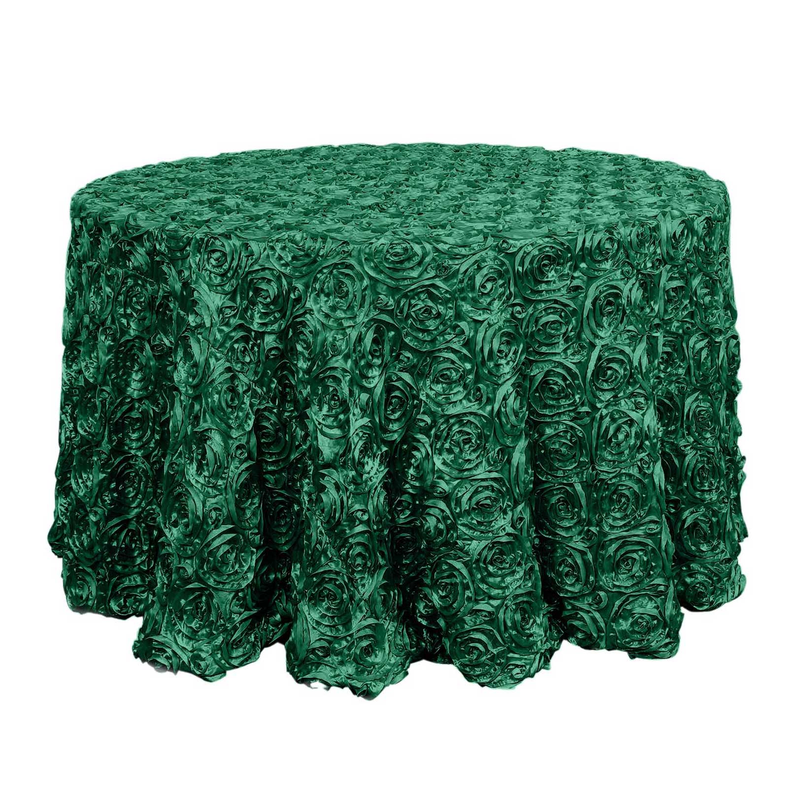 Satin 120" Round Tablecloth Hunter Emerald Green - Grandiose 3D Rosette with Seamless Finish Table Cover Tablecloths HIER_2141