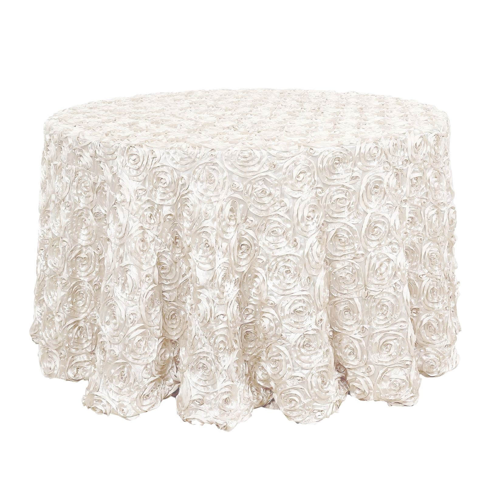 Satin 120" Round Tablecloth Ivory - Grandiose 3D Rosette with Seamless Finish Table Cover Tablecloths HIER_2141