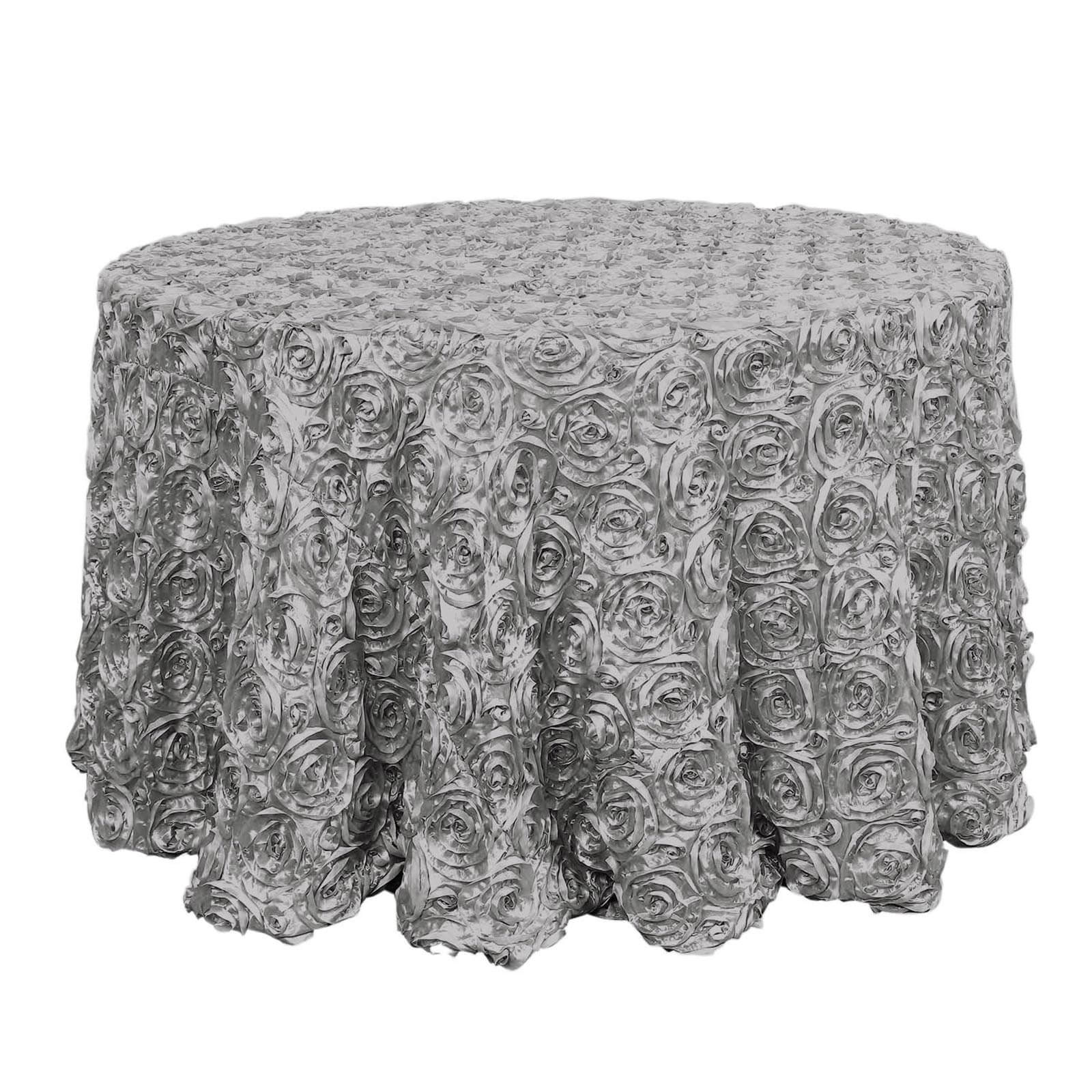 Satin 120" Round Tablecloth Silver - Grandiose 3D Rosette Design with Seamless Finish for Luxe Events Tablecloths HIER_2141