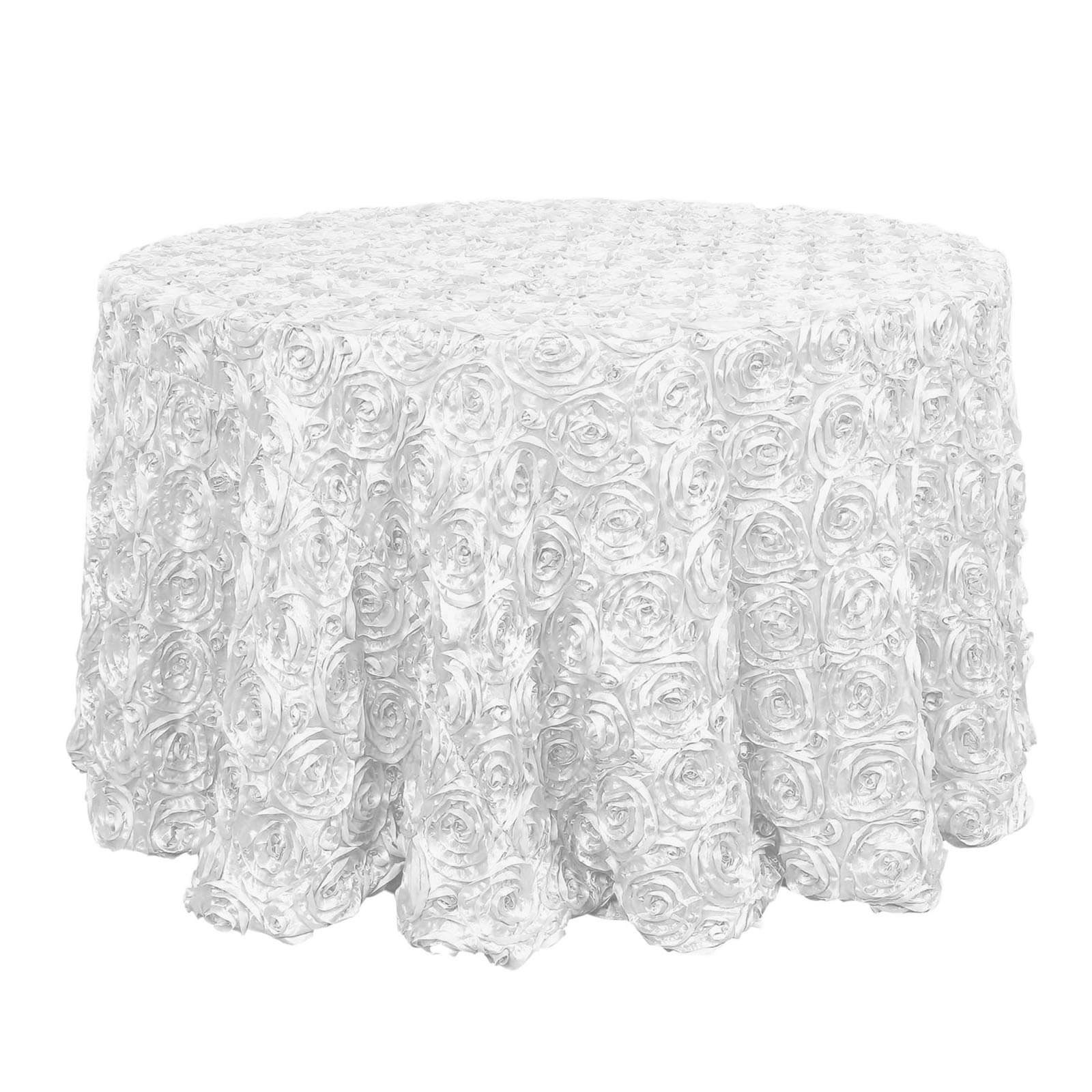 Satin 120" Round Tablecloth White - Grandiose 3D Rosette Design with Seamless Finish for Luxe Events Tablecloths HIER_2141