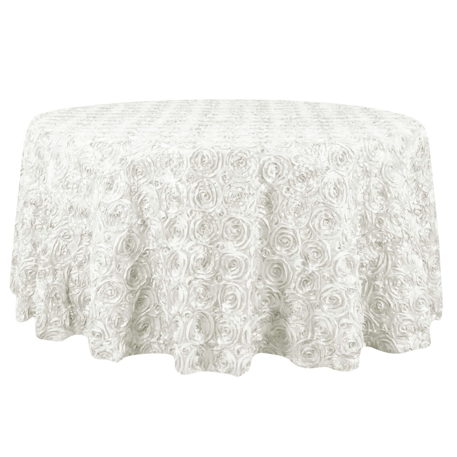 Satin 132" Round Tablecloth Ivory - Seamless Grandiose 3D Rosette Table Cover Tablecloths HIER_2141