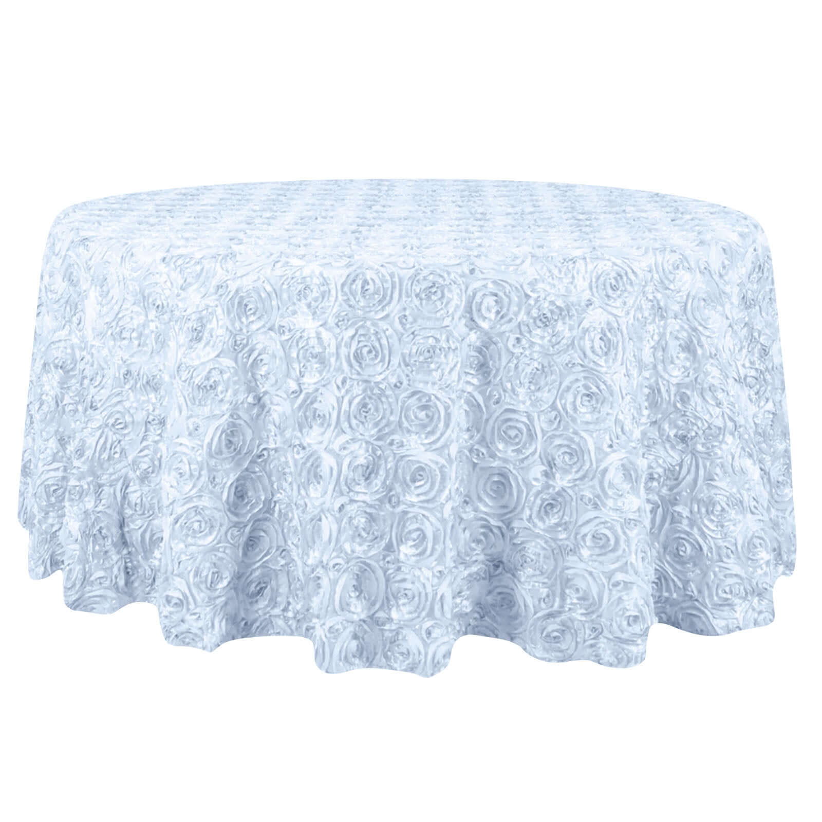 Satin 132" Round Tablecloth White - Grandiose 3D Rosette Design with Seamless Finish for Chic Occasions Tablecloths HIER_2141