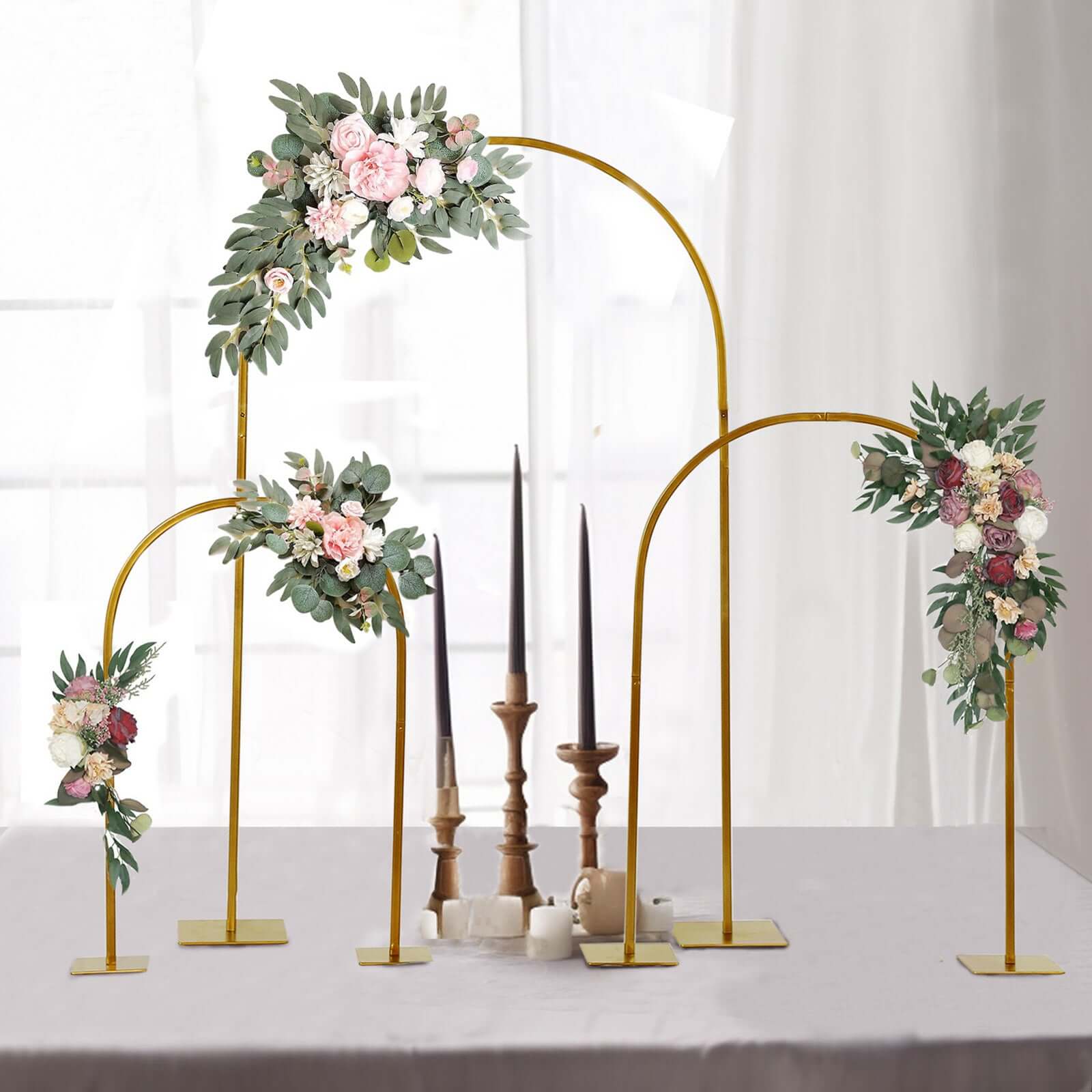 Set of 3 Chiara Arch Table Centerpieces Gold Metal - Detachable Flower Stand Frame for Weddings 20", 23", 35" Decorations HIER_7200