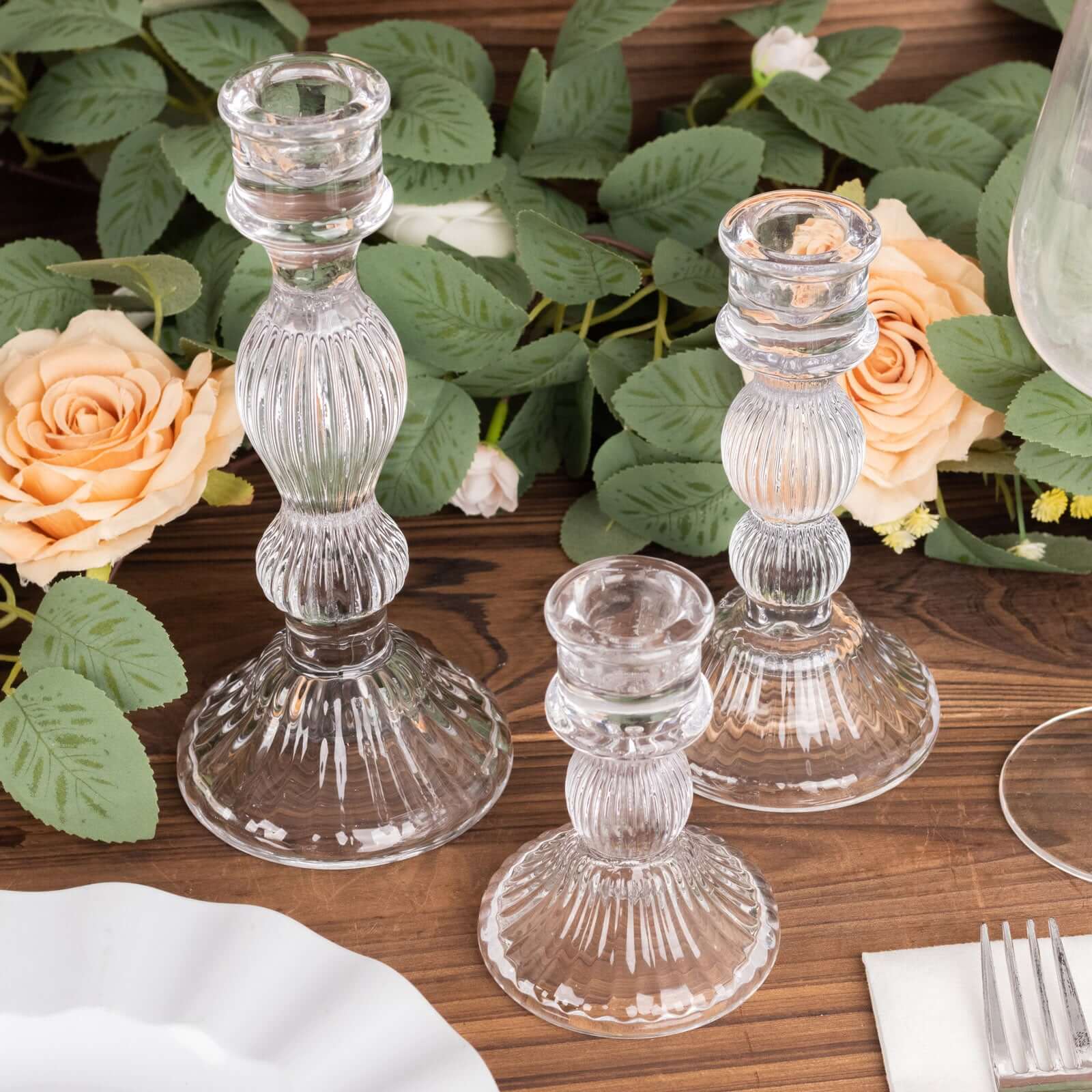 Set of 3 Glass Taper Candle Holders Fluted Design Clear - Ribbed Crystal Candlestick Stands 4", 6", 8" Centerpieces HIER_7130
