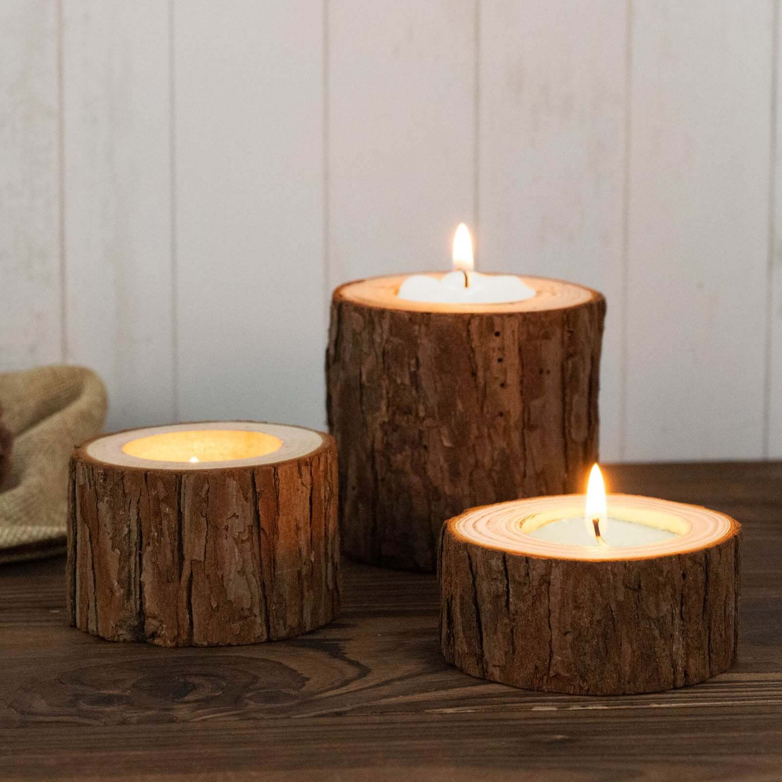 Set of 3 Rustic Wood Slice Votive Candle Holders - Tree Branch Wedding Table Décor 2.75", 1.5", 1.25" Centerpieces HIER_7140