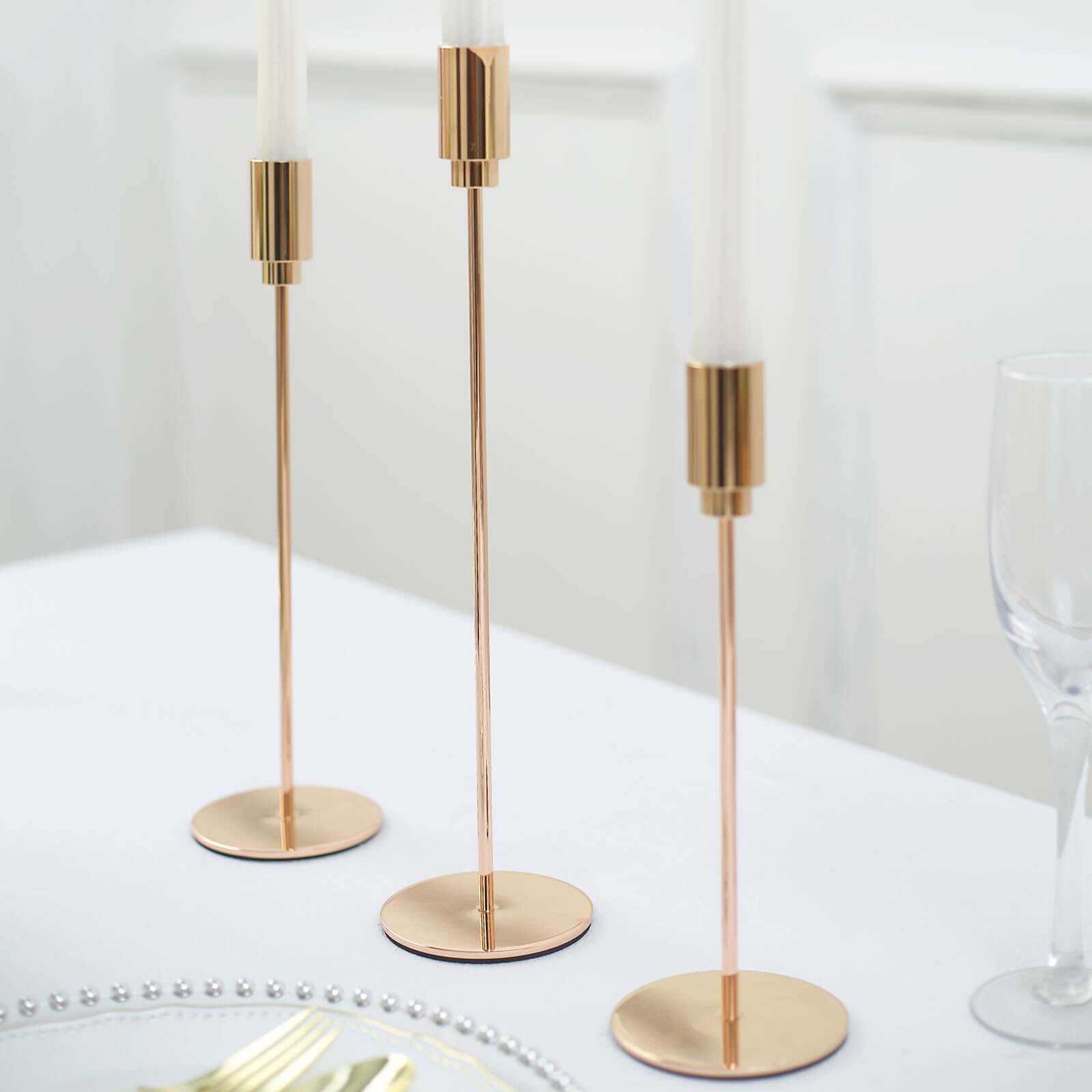 Set of 3 Taper Candle Stands Gold Metal Decorative Round Base Design - Wedding Table Accents 9", 10", 13" Centerpieces HIER_7120