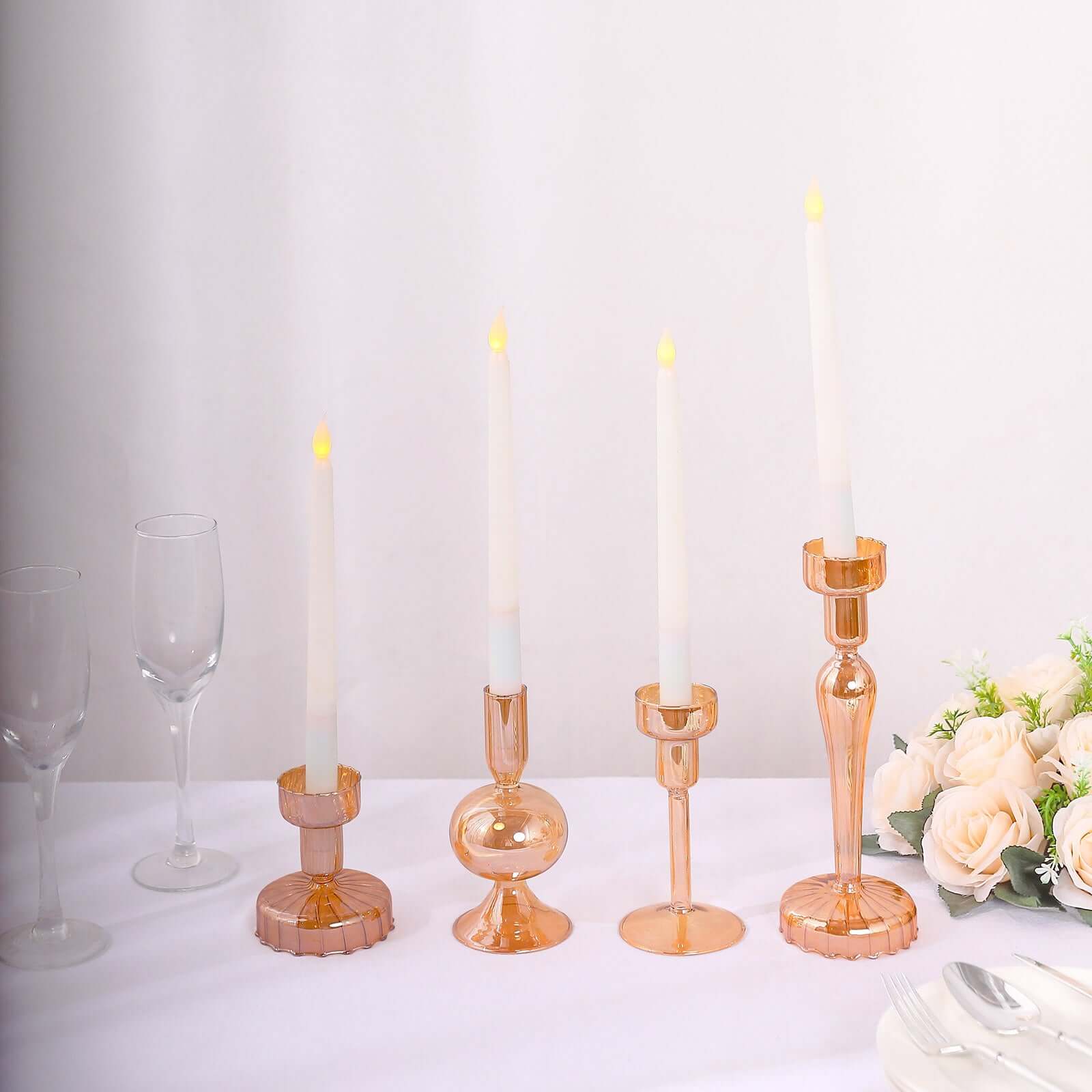 Set of 4 Glass Taper Votive Candle Holders Lined Crystal Design Assorted Amber Gold - Tea Light Stand Set 4", 5.5", 6", 9" Centerpieces HIER_7130