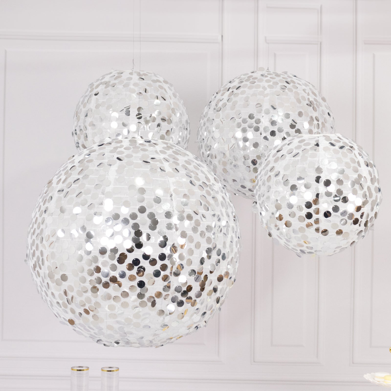 Set of 4 Glitter Silver Payette Sequin Hanging Lanterns, Large Decorative Round Foldable Fabric Chinese Lantern Lampshades - 12",14",16",20" Lanterns HIER_9900