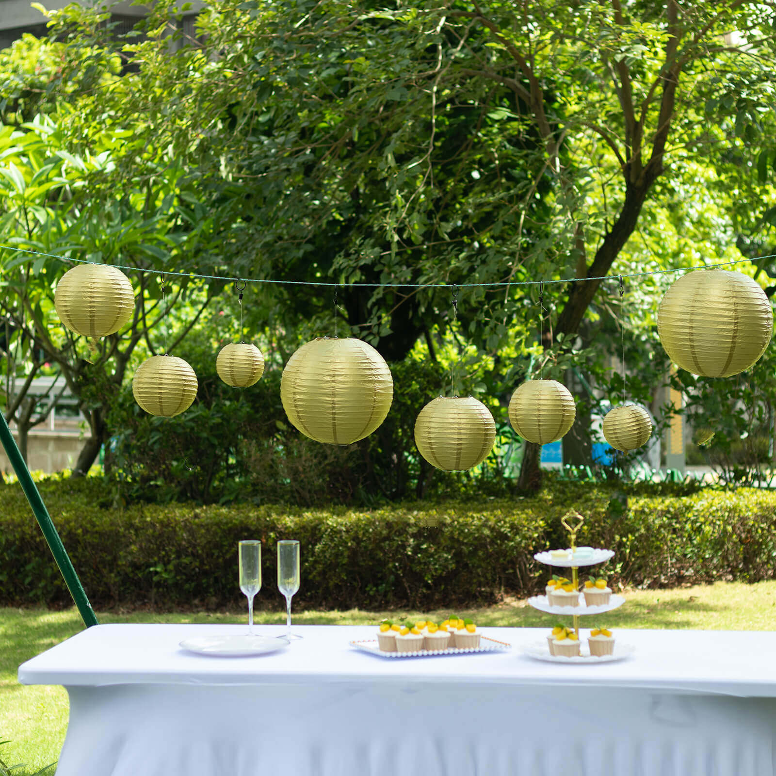 Set of 8 Gold Hanging Paper Lanterns, Decorative Round Chinese Sky Lanterns, Assorted Sizes - 6",8",10",14" Lanterns HIER_9900