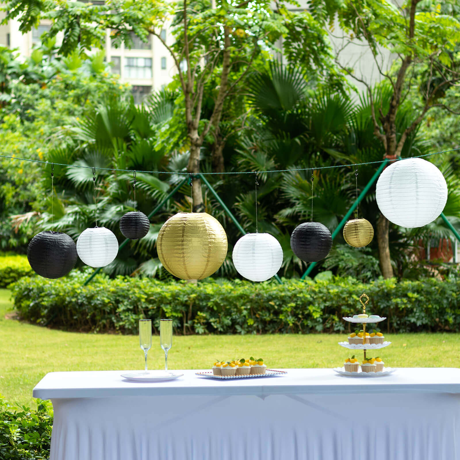 Set of 8 Mixed Black Gold Hanging Paper Lanterns, Decorative Round Chinese Sky Lanterns, Assorted Sizes - 6",8",10",14" Lanterns HIER_9900