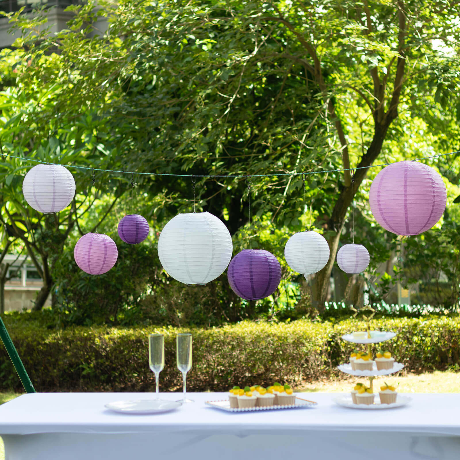 Set of 8 Mixed Purple White Hanging Paper Lanterns, Decorative Round Chinese Sky Lanterns, Assorted Sizes - 6",8",10",14" Lanterns HIER_9900