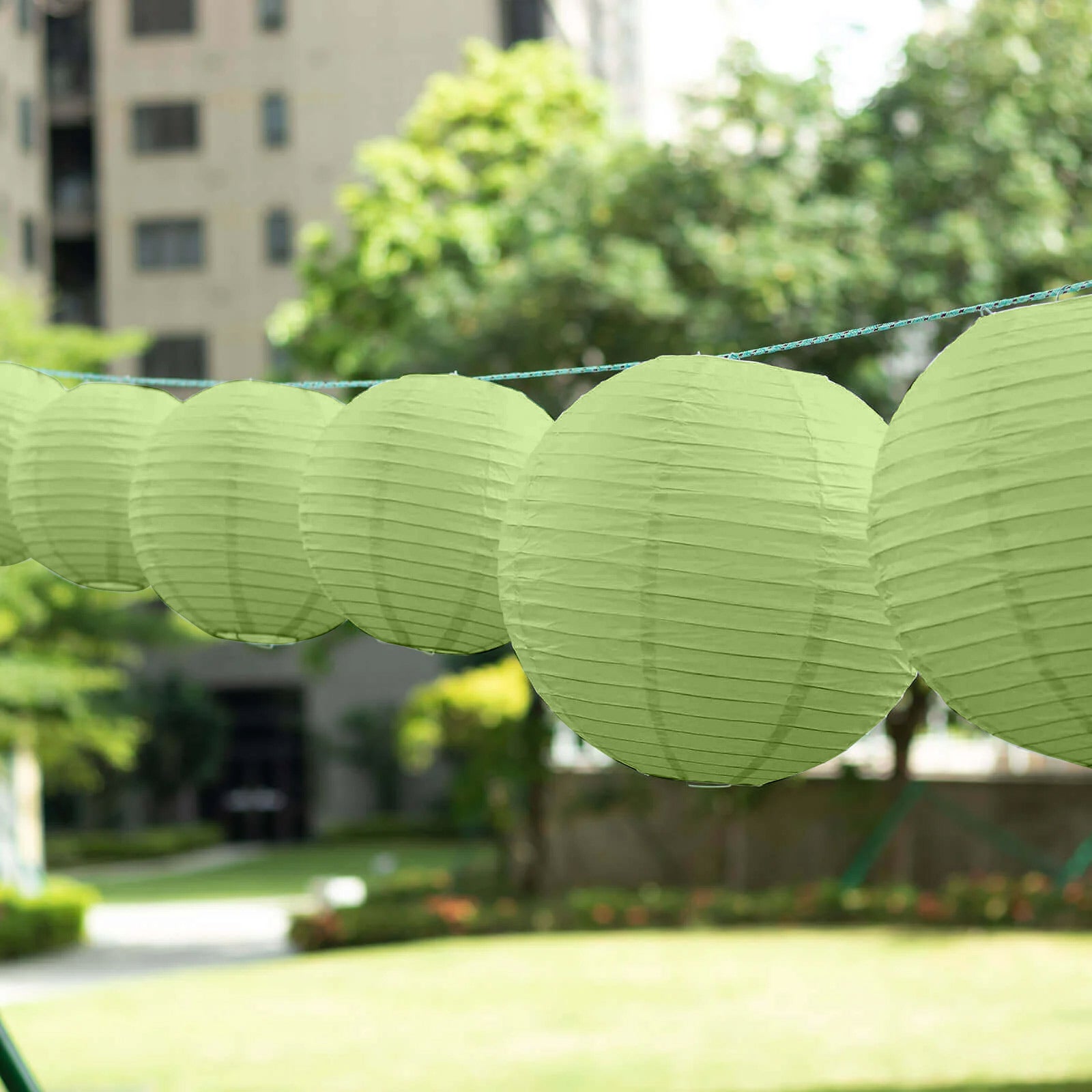 Set of 8 Sage Green Hanging Paper Lanterns, Decorative Round Chinese Sky Lanterns, Assorted Sizes - 6",8",10",14" Lanterns HIER_9900