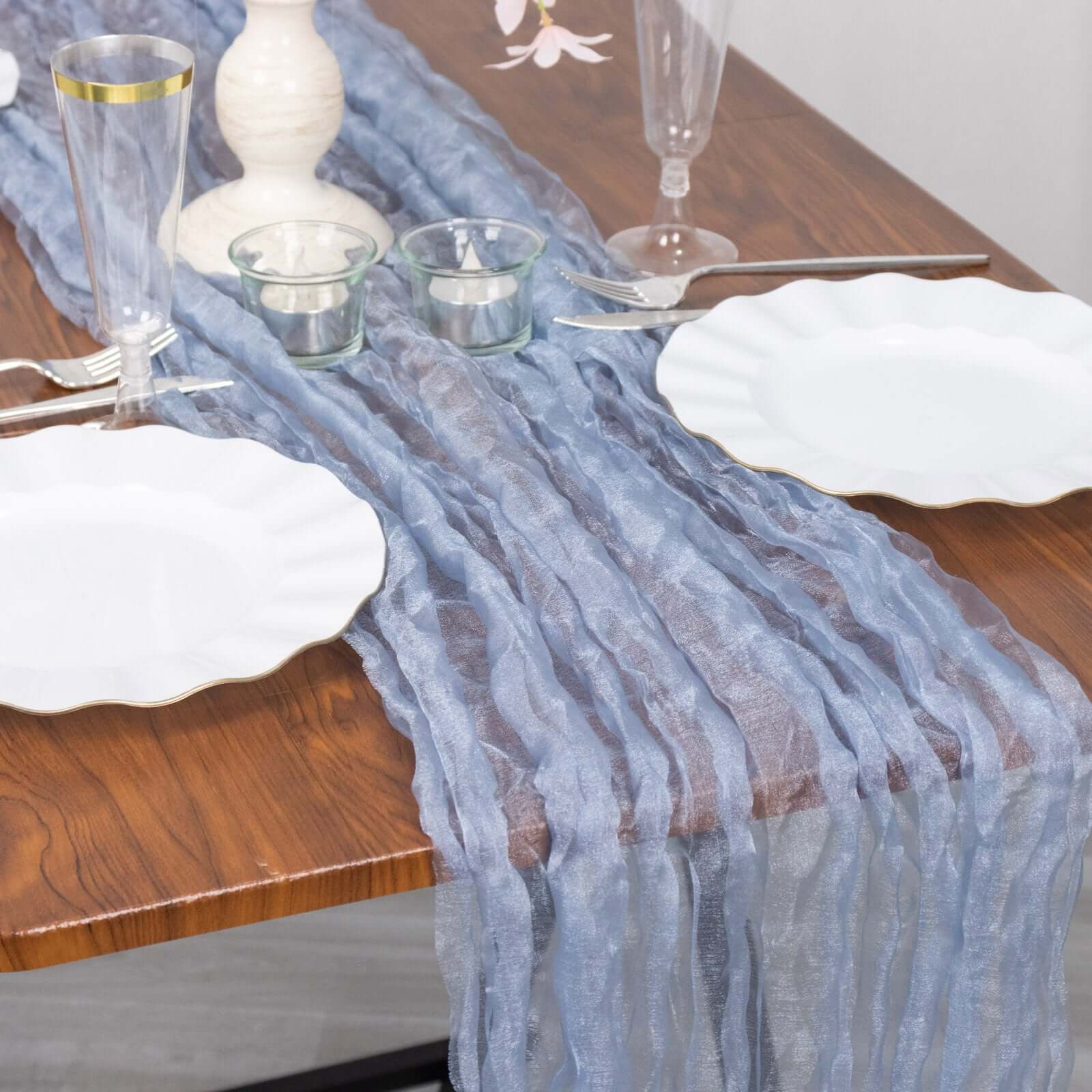 Sheer Crinkled Organza 9ft Table Runner Dusty Blue - Rustic Chiffon Look Runners HIER_2320