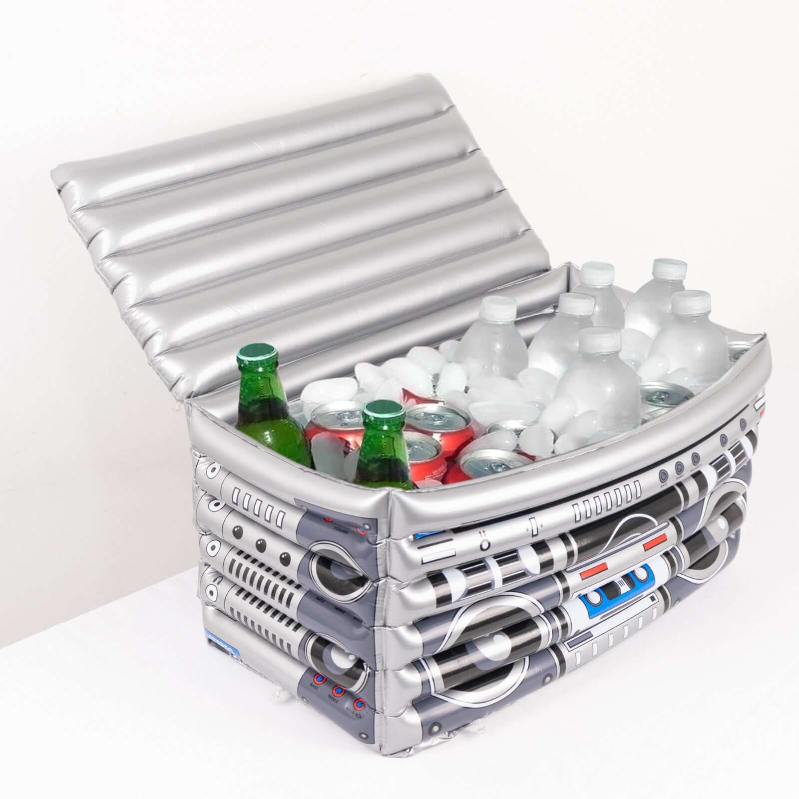 Silver Inflatable Ice Beverage Cooler with 80's Boom Box Design - Party Drink Container for Pool Events 24"x12" Disposables HIER_4520