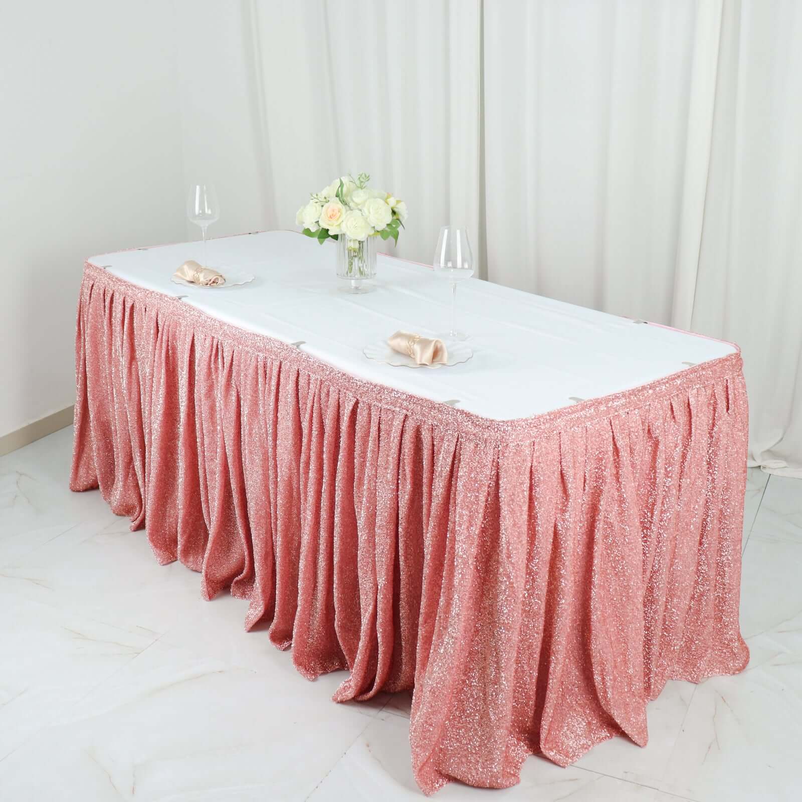 Spandex 17ft Table Skirt Rose Gold Pleated Metallic Shimmer Tinsel with Top Velcro Strip Table Cover Table Skirts HIER_2260