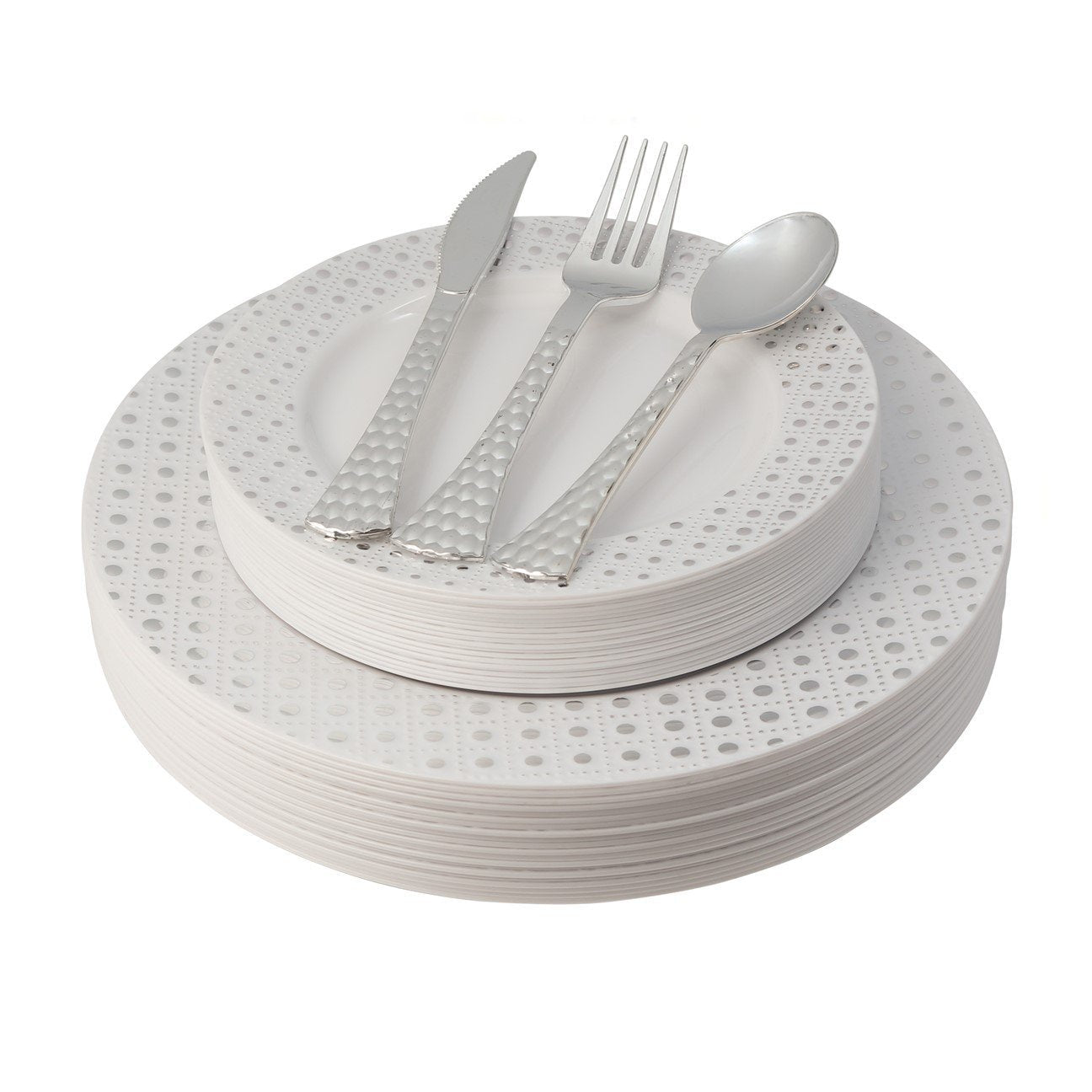 100 Piece White and Silver Round Plastic Dinnerware and Silverware value set (20 Servings) - Sphere