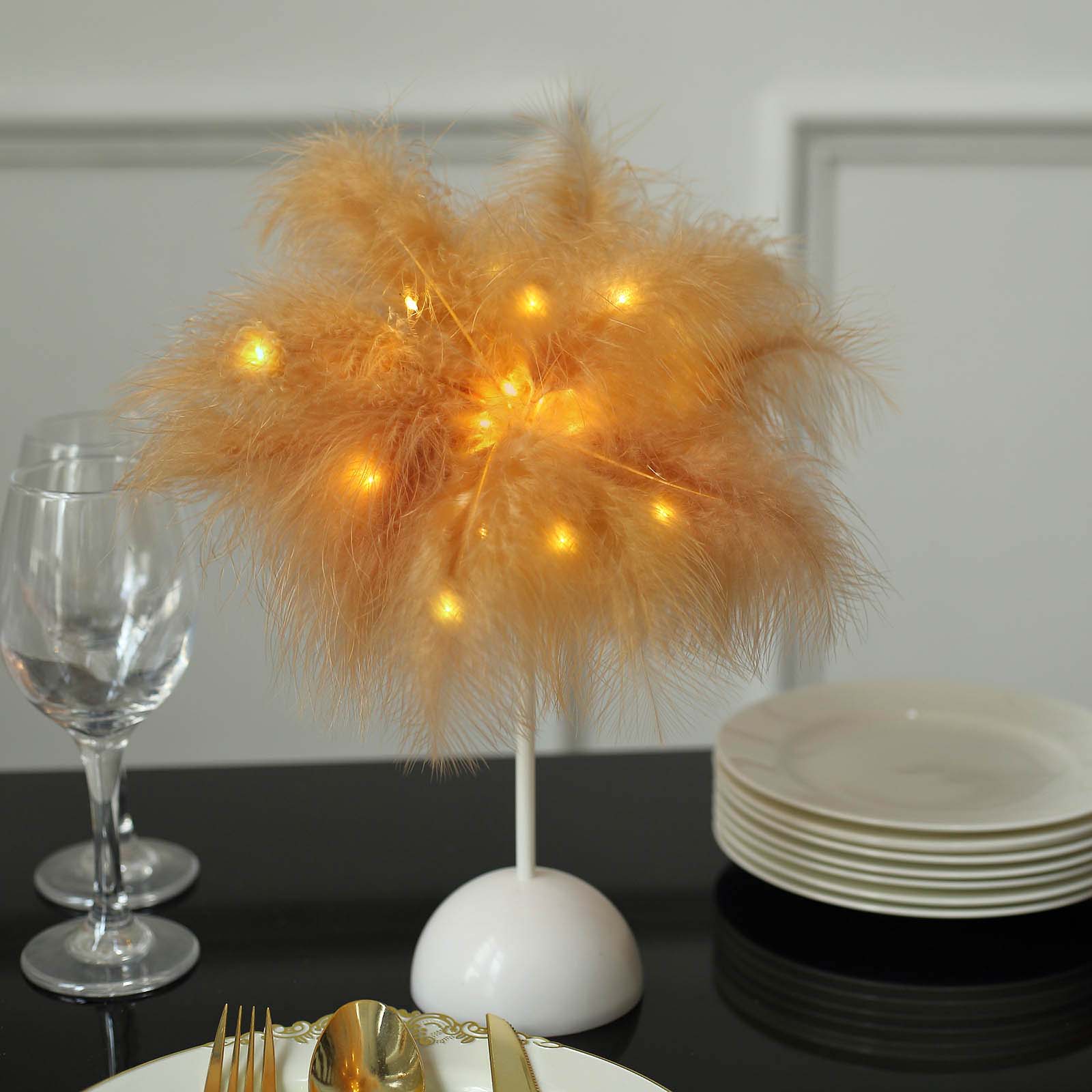 Table Lamp Feather Design Natural LED Battery Operated - Cordless Wedding Centerpiece 15" LED HIER_8700